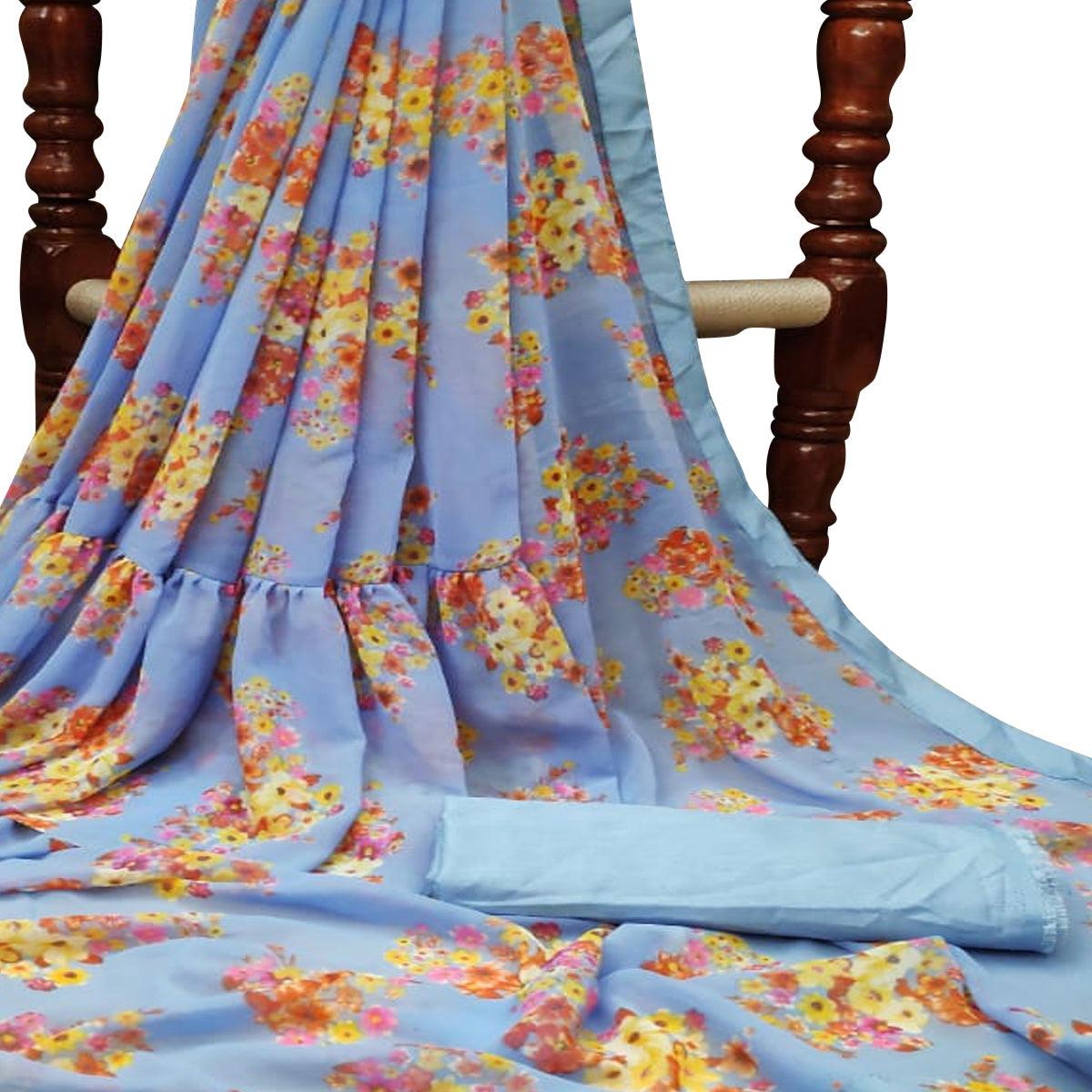 Majesty Blue Colored Partywear Printed Georgette Saree - Peachmode