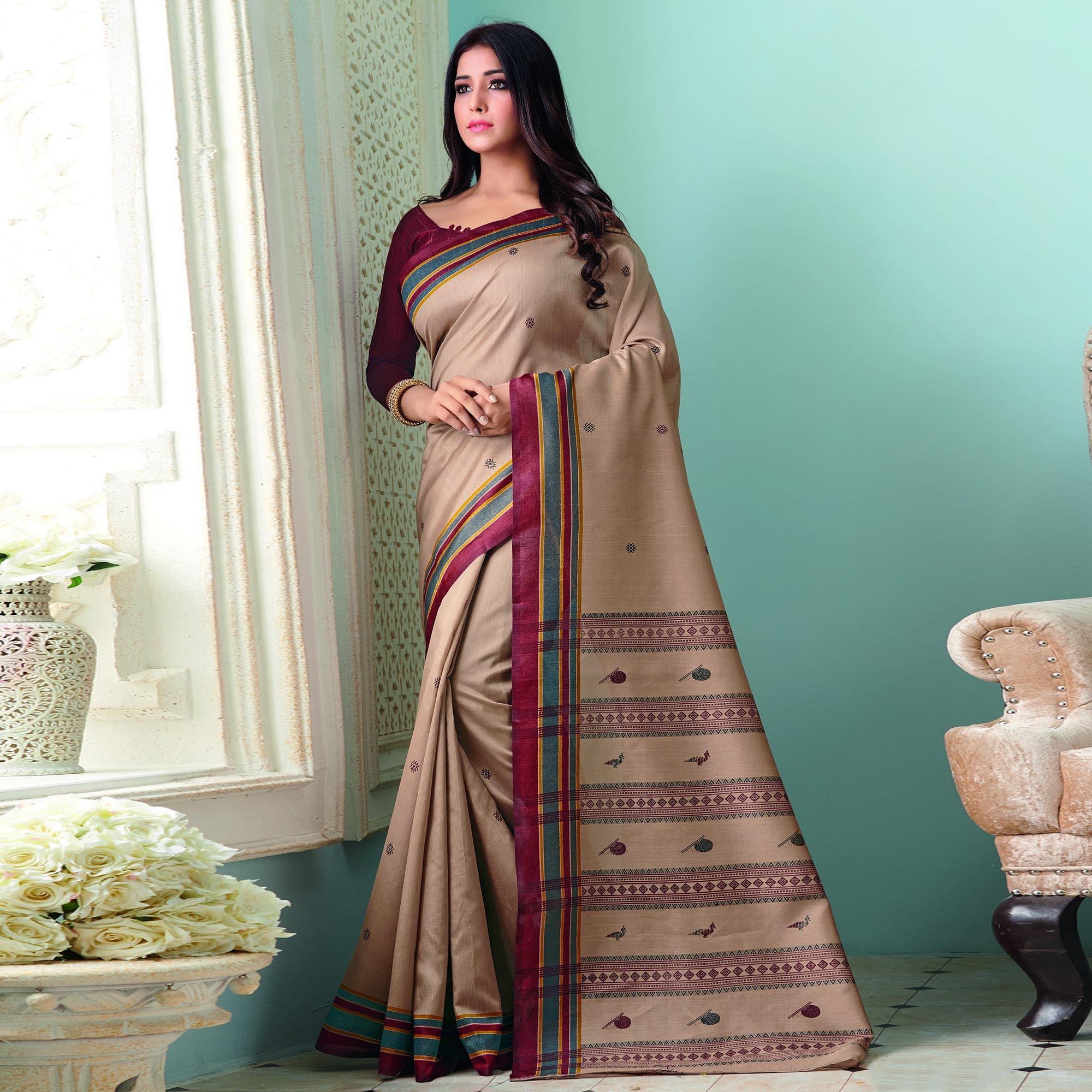 Majesty Brown Colored Casual Wear Printed Bhagalpuri Saree - Peachmode