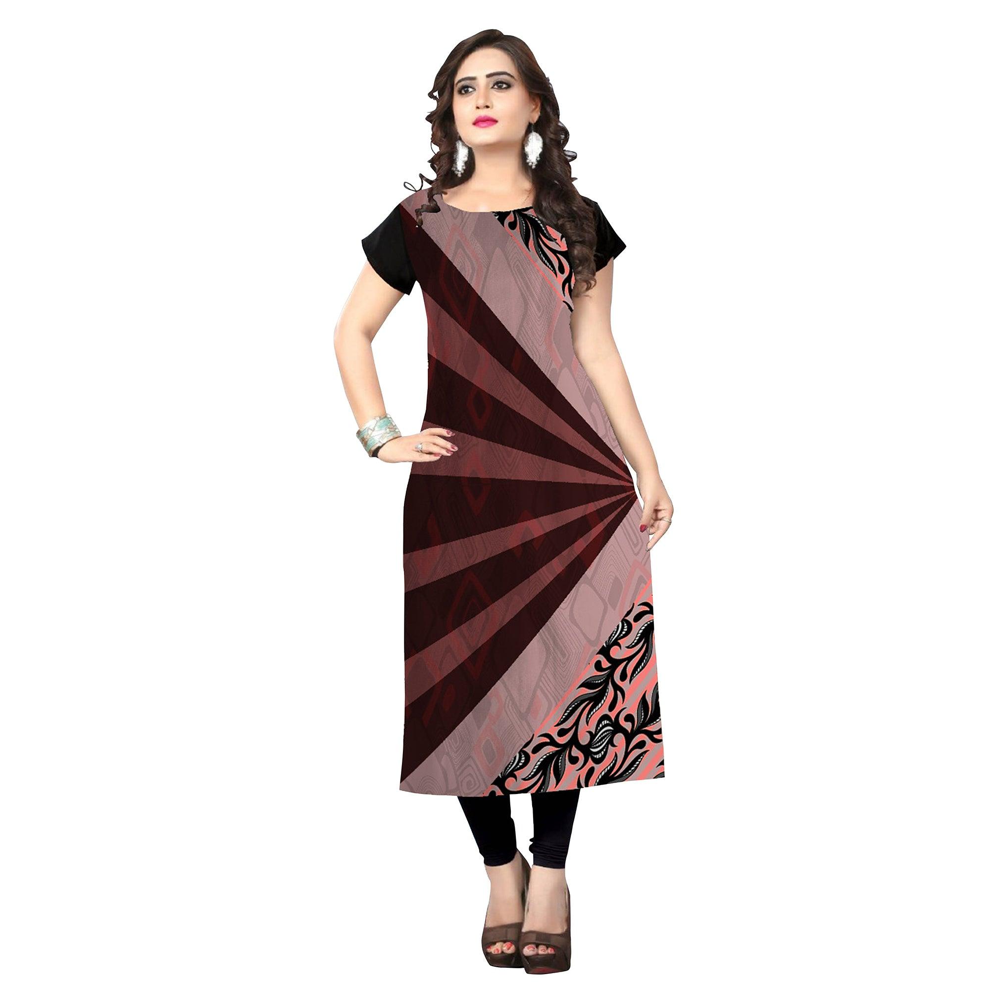 Majesty Brown-Multi Colored Casual Printed Crepe Kurti - Peachmode