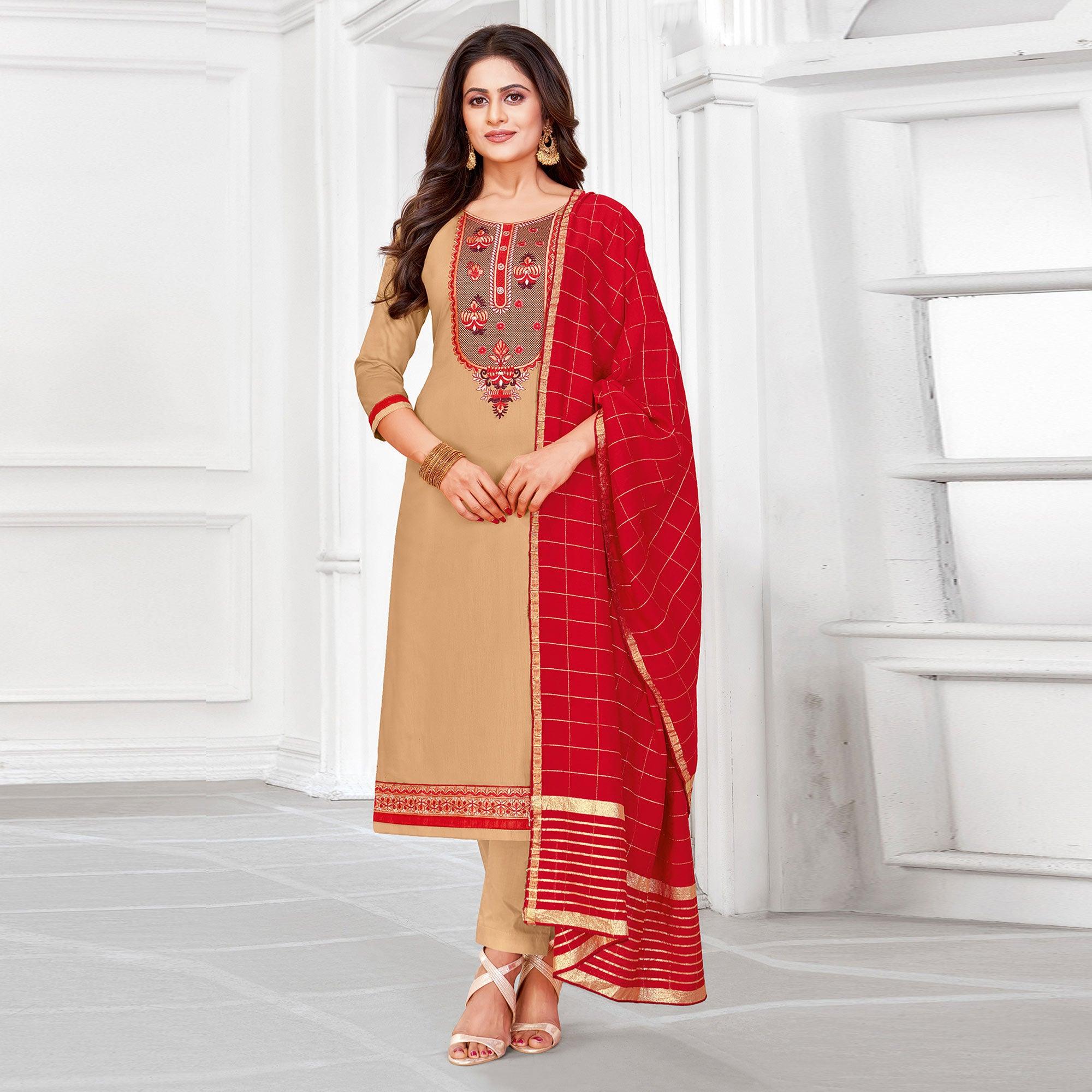 Majesty BurlyWood Colored Partywear Designer Embroidery Cotton Salwar Suit - Peachmode
