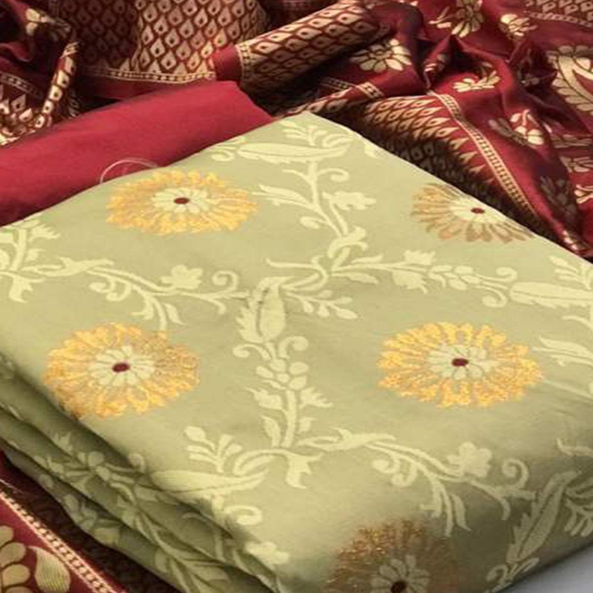 Majesty Chiku Colored Casual Wear Banarasi Silk Dress Material - Peachmode