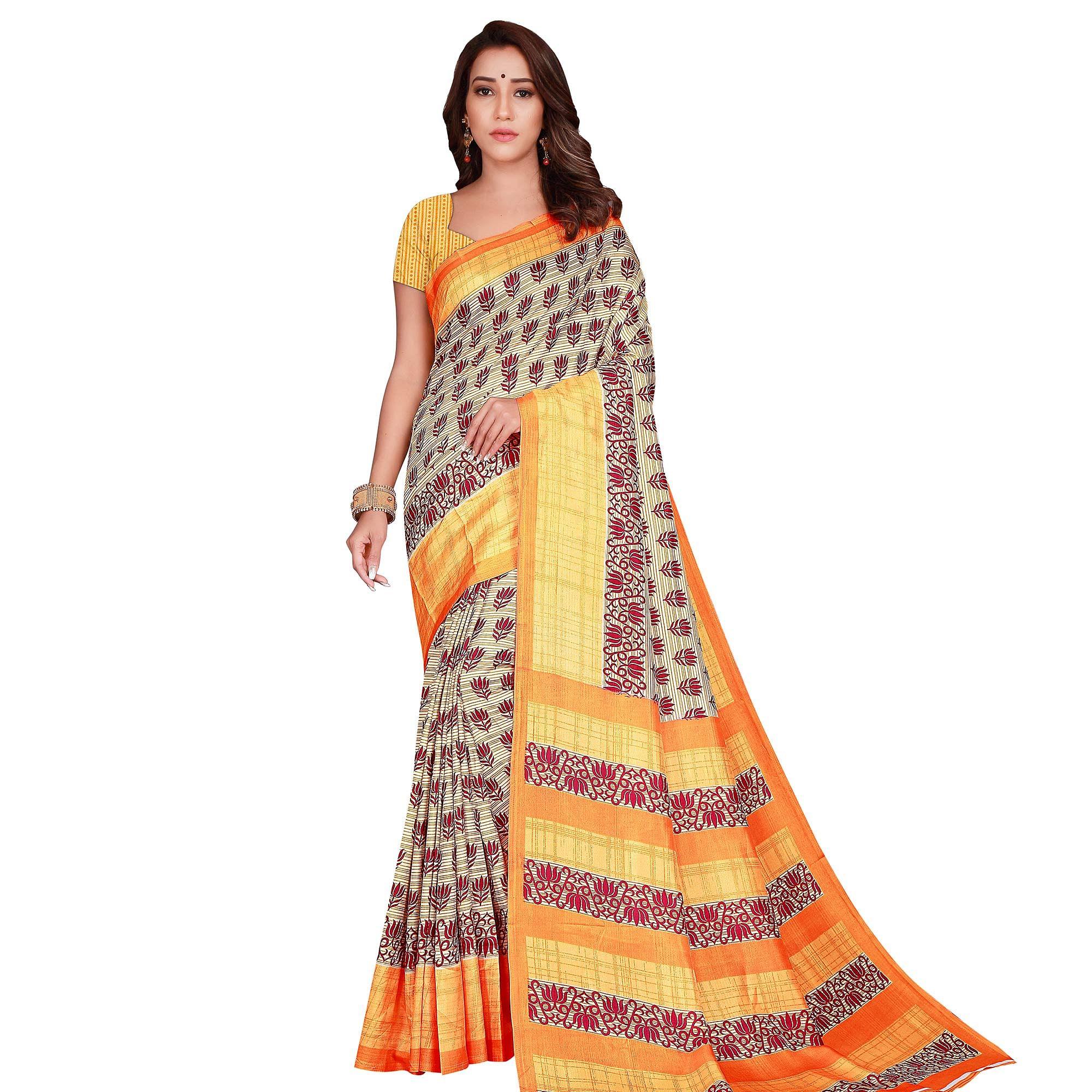 Majesty Cream Colored Casual Wear Printed Art Silk Saree - Peachmode