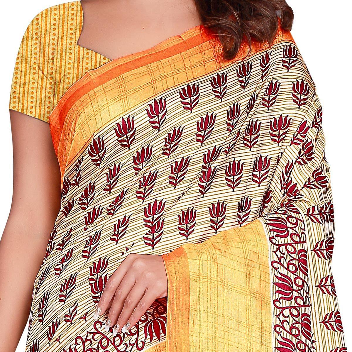 Majesty Cream Colored Casual Wear Printed Art Silk Saree - Peachmode
