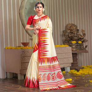 Majesty Cream Colored Festive Wear Patola Silk saree - Peachmode