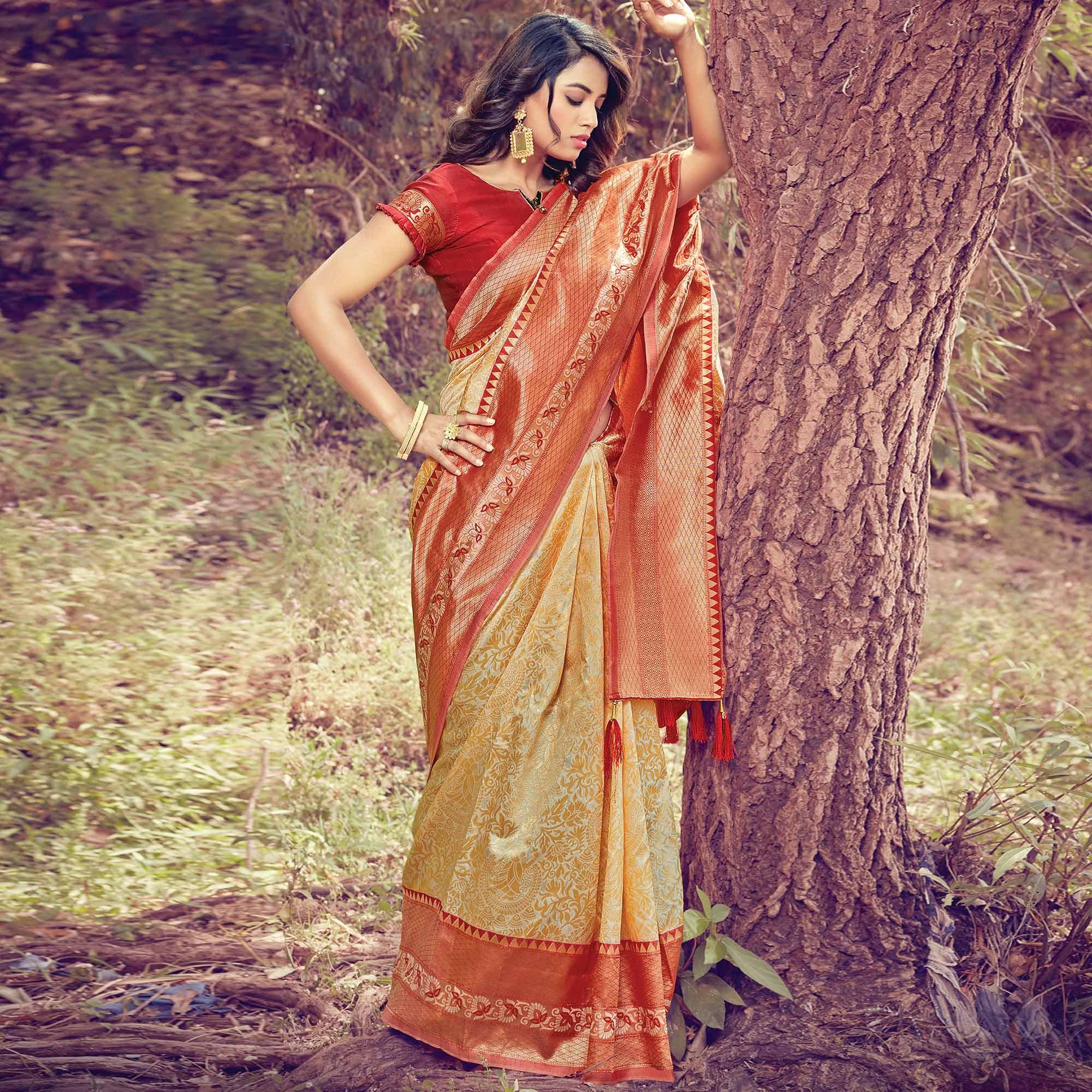 Majesty Cream Colored Festive Wear Woven Silk Saree - Peachmode
