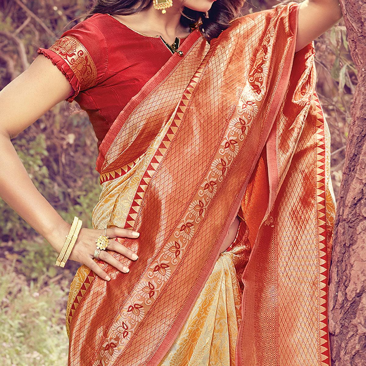 Majesty Cream Colored Festive Wear Woven Silk Saree - Peachmode