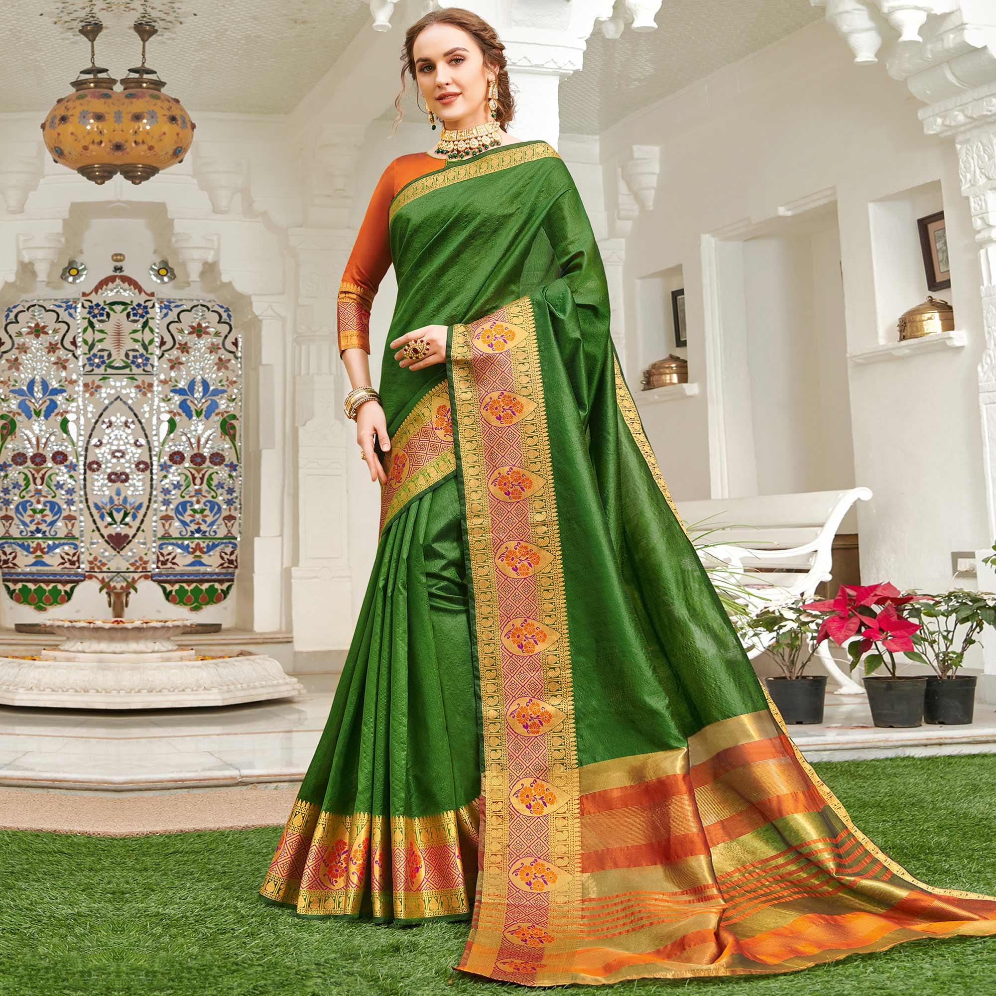 Majesty Dark Green Colored Festive Wear Woven Handloom Silk Saree - Peachmode