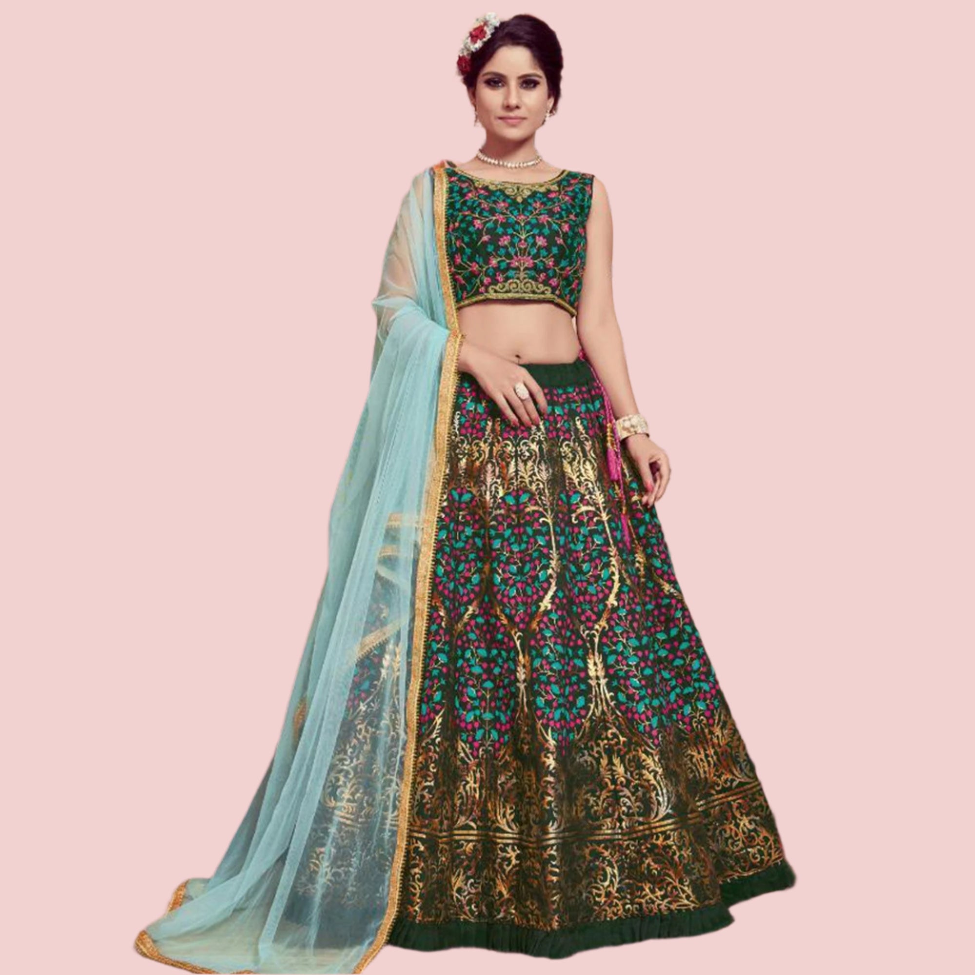Majesty Dark Green Colored Party Wear Embroidered Silk Lehenga Choli - Peachmode