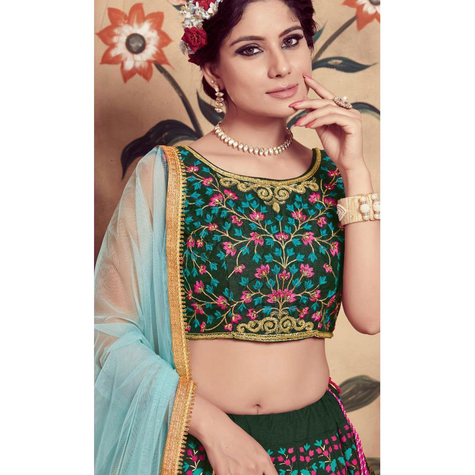 Majesty Dark Green Colored Party Wear Embroidered Silk Lehenga Choli - Peachmode