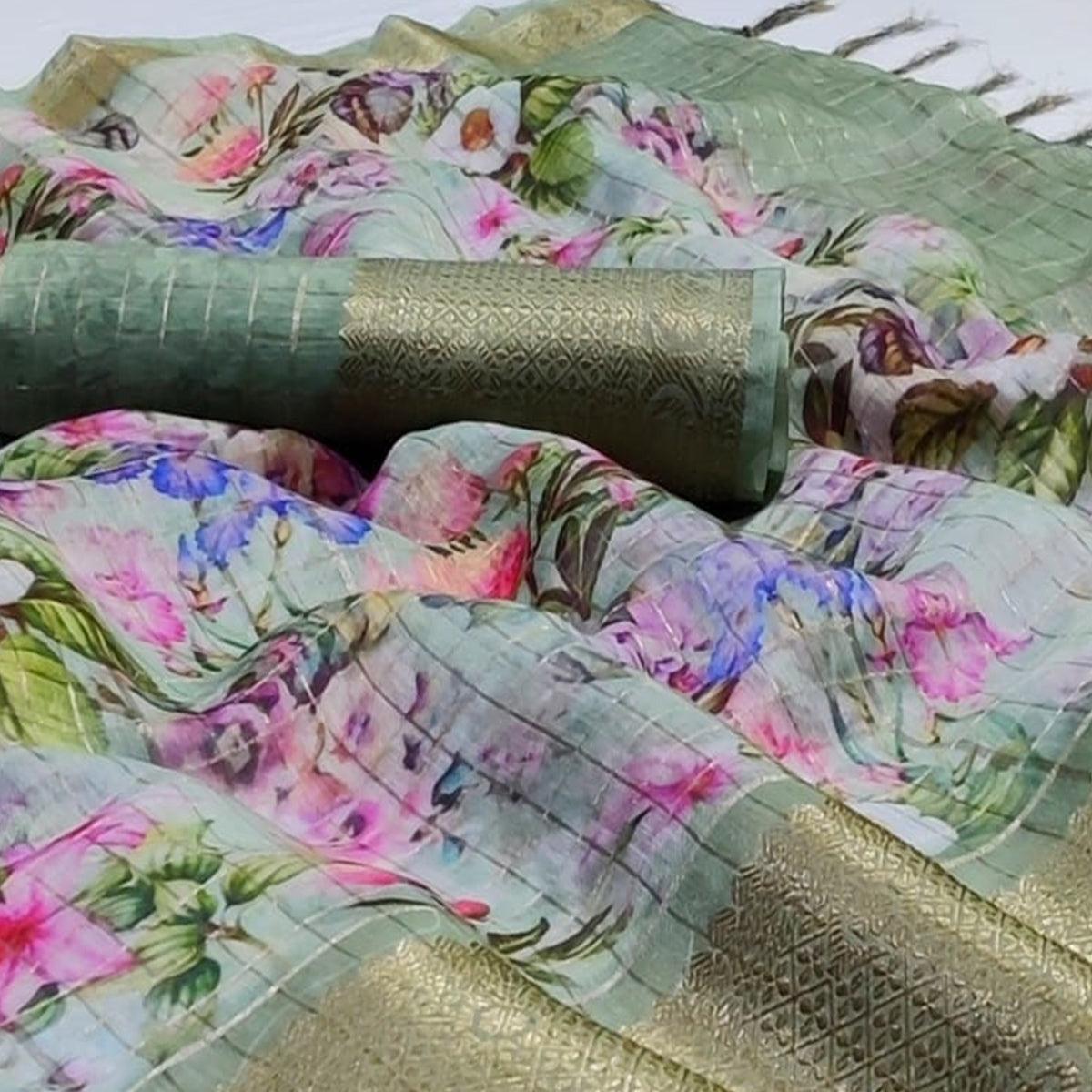 Majesty Gray Colored Festive Wear Woven Banarasi Silk Saree - Peachmode