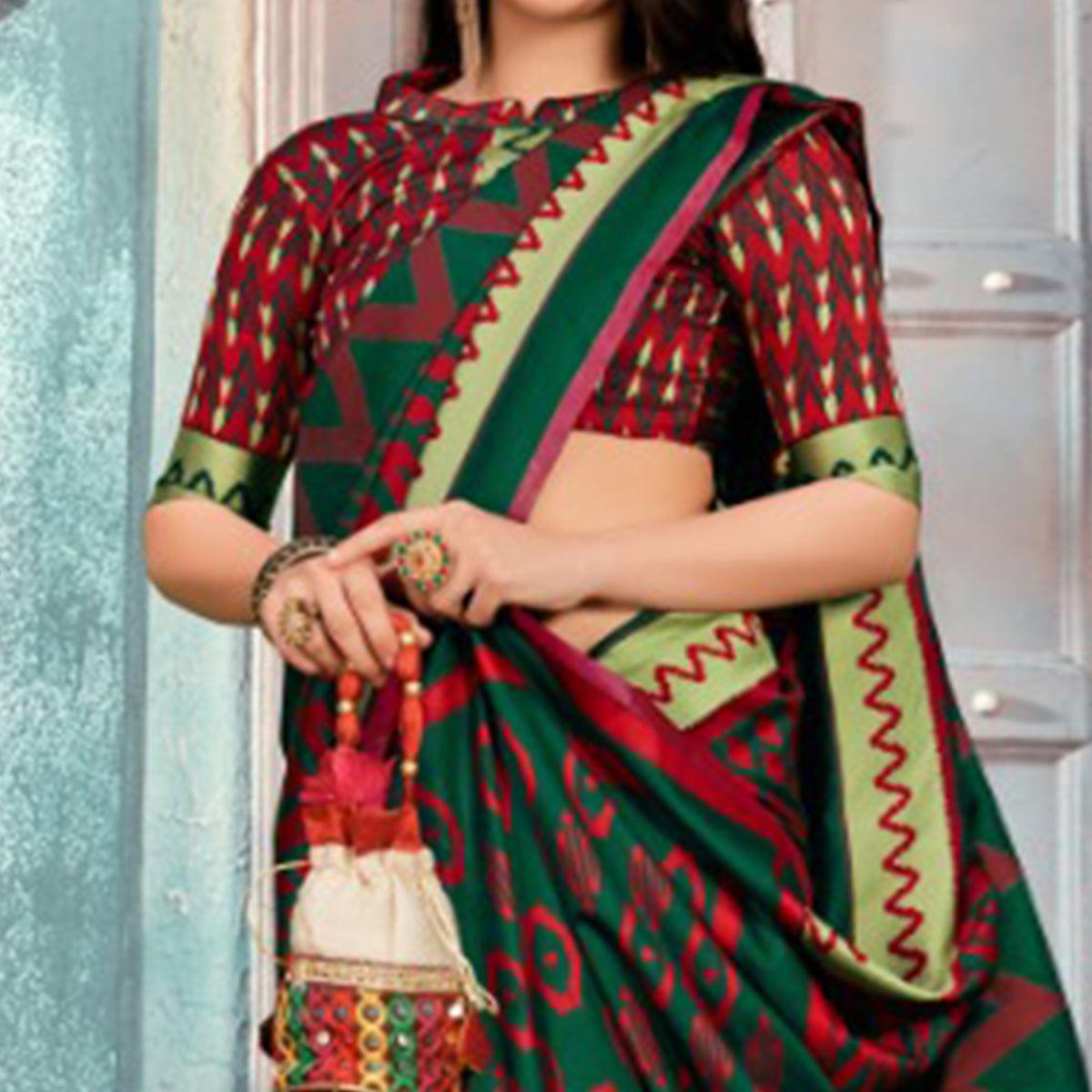 Majesty Green Colored Festive Wear Printed Cotton Silk Saree With Tassels - Peachmode