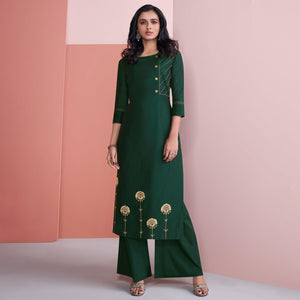 Majesty Green Colored Partywear Embroidered Pure Viscose Silk Palazzo Suit - Peachmode
