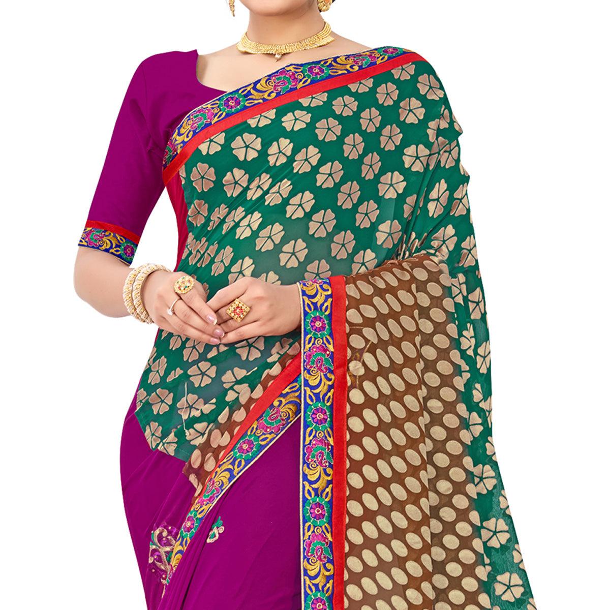 Majesty Green-Purple Colored Party Wear Embroidered Georgette Half-Half Saree - Peachmode