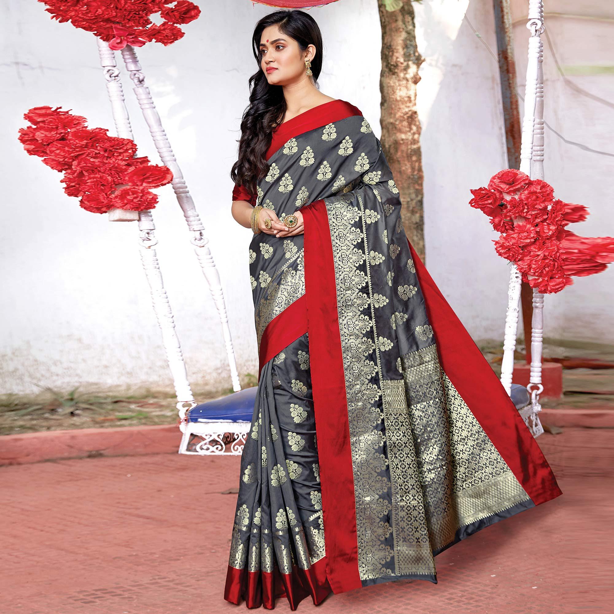 Majesty Grey Colored Festive Wear Woven Silk Saree - Peachmode