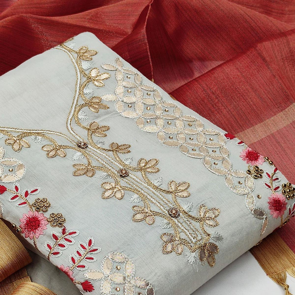 Majesty Light Blue Colored Casual Embroidered Modal Chanderi Dress Material - Peachmode