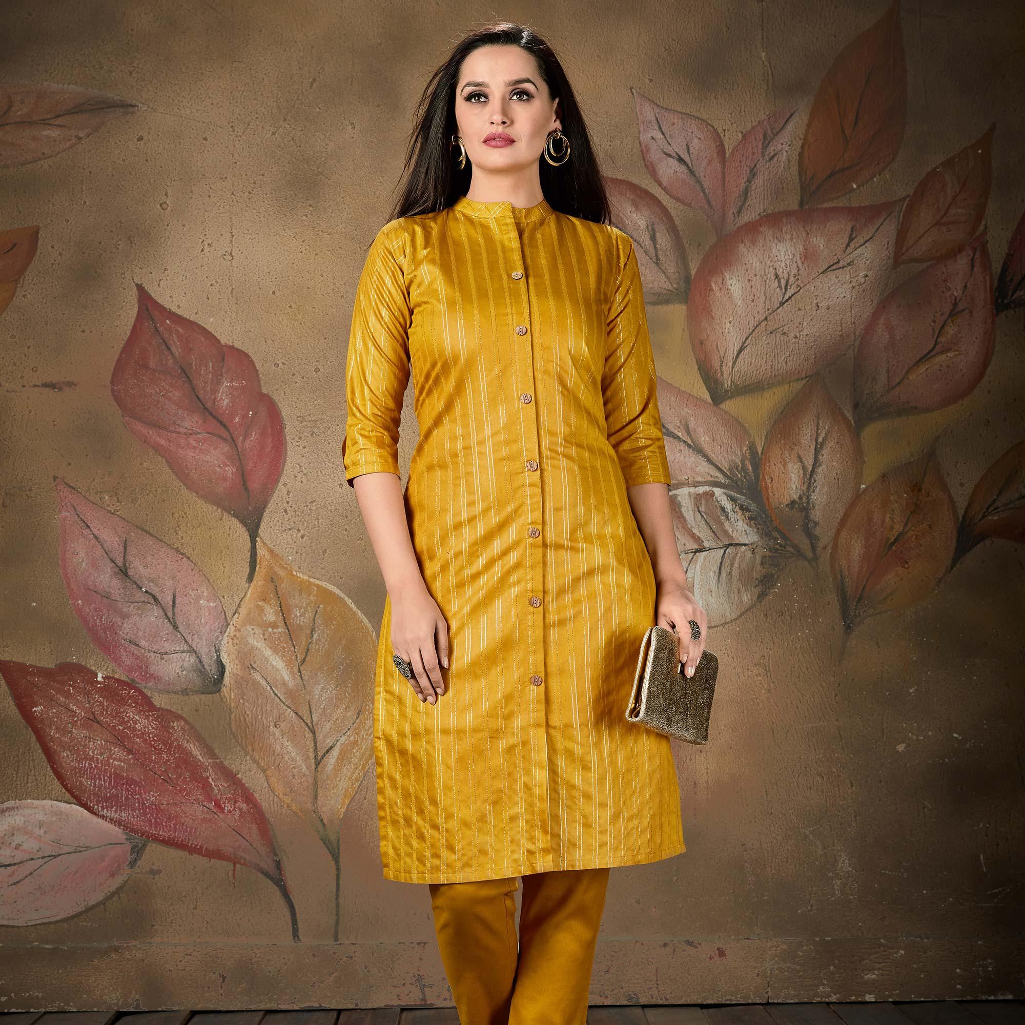 Majesty Lovely Mustard Yellow Colored Casual Wear Printed Cotton Kurti - Peachmode