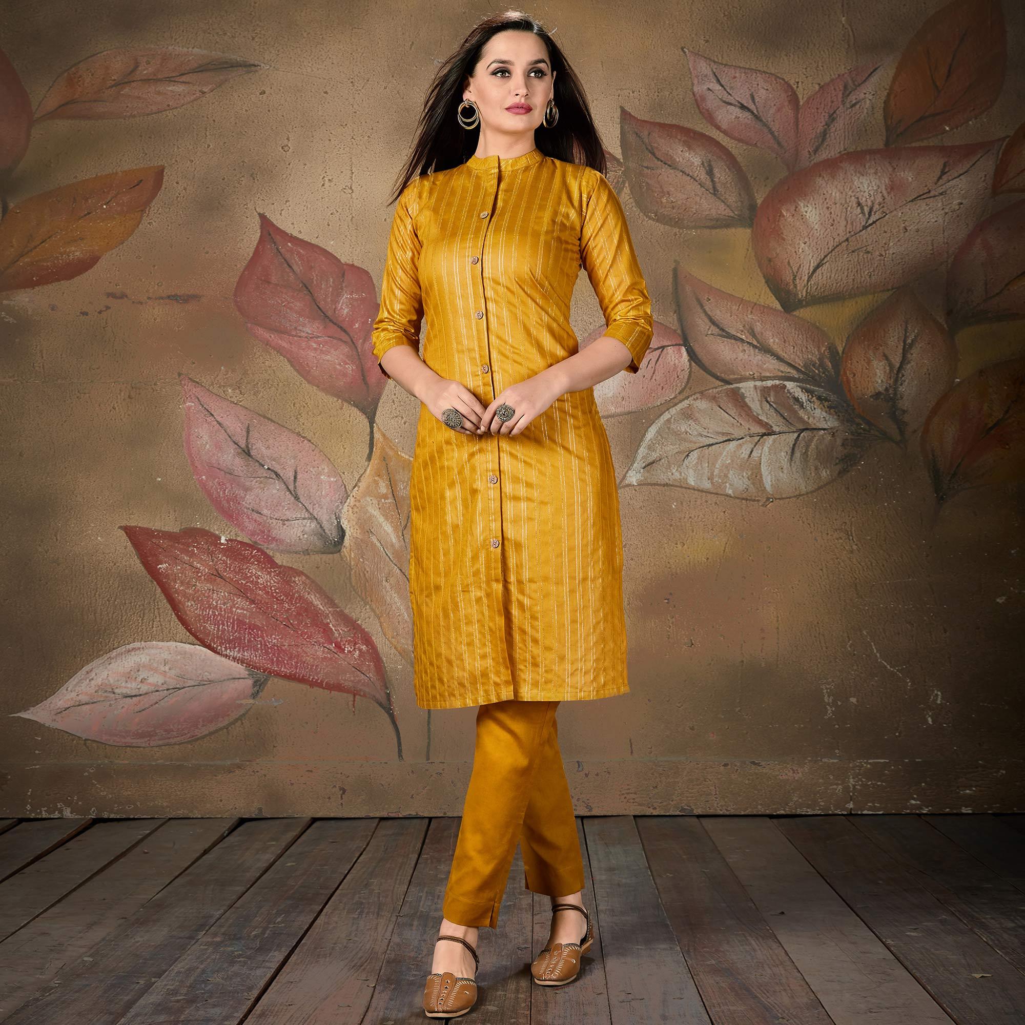 Majesty Lovely Mustard Yellow Colored Casual Wear Printed Cotton Kurti - Peachmode