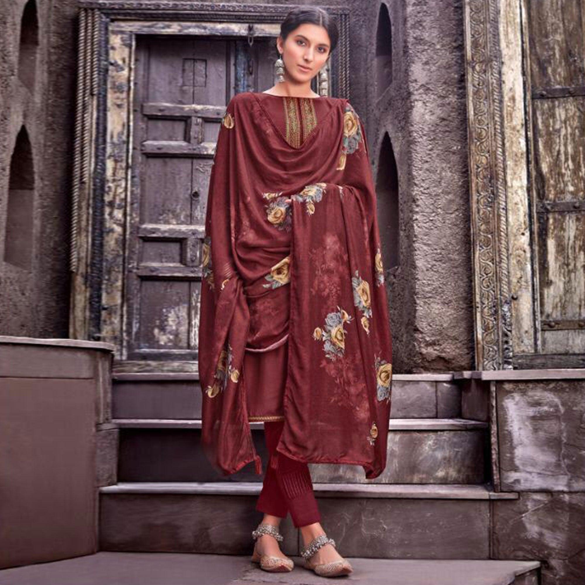 Majesty Maroon Colored Partywear Printed Viscose Muslin Suit - Peachmode