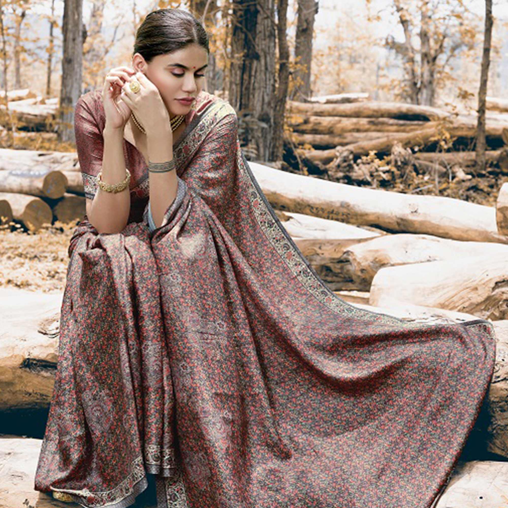 Majesty Mauve Colored Festive Wear Printed Art Silk Saree - Peachmode