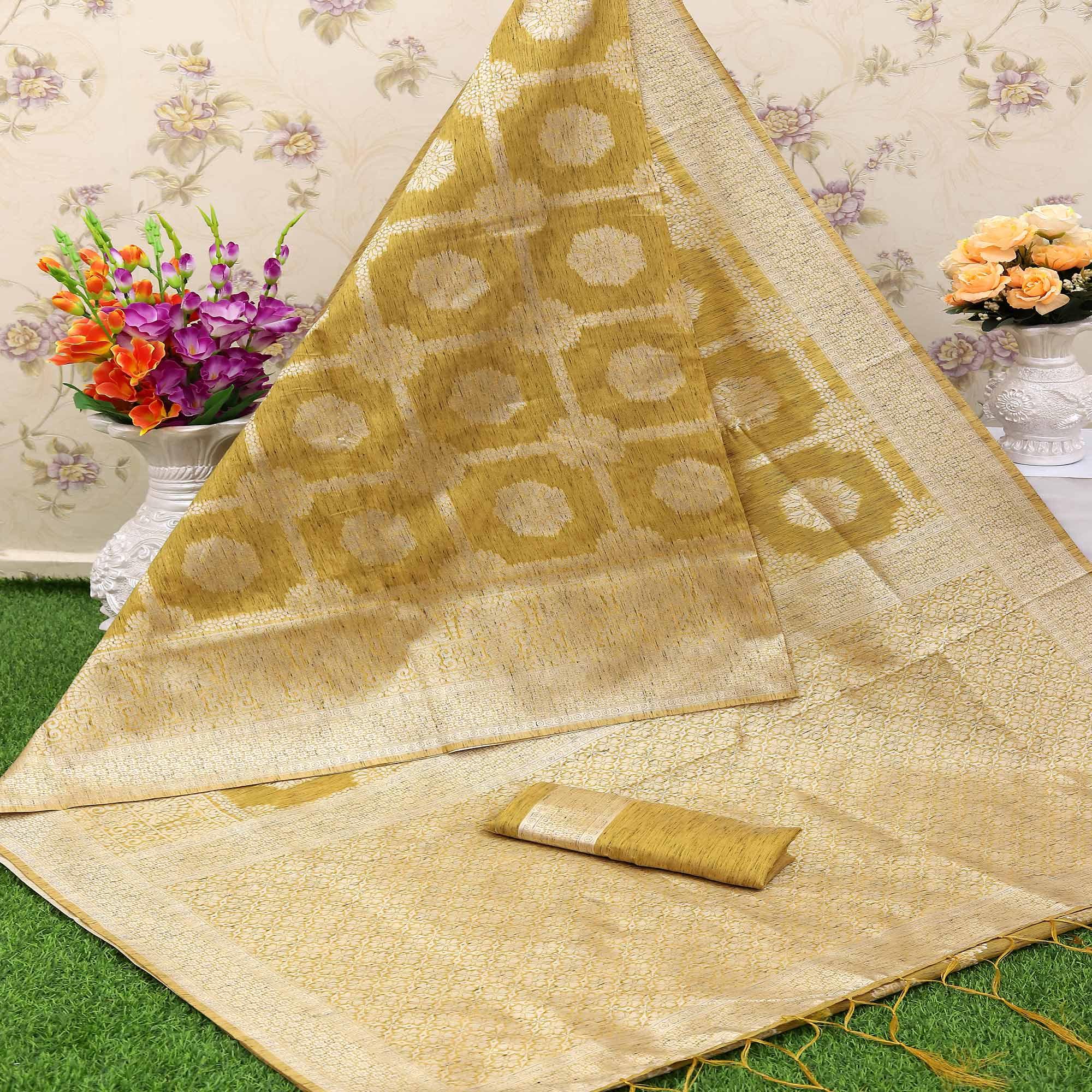 Majesty Mehendi Green Colored Festive Wear Woven Banarasi Cotton Saree - Peachmode