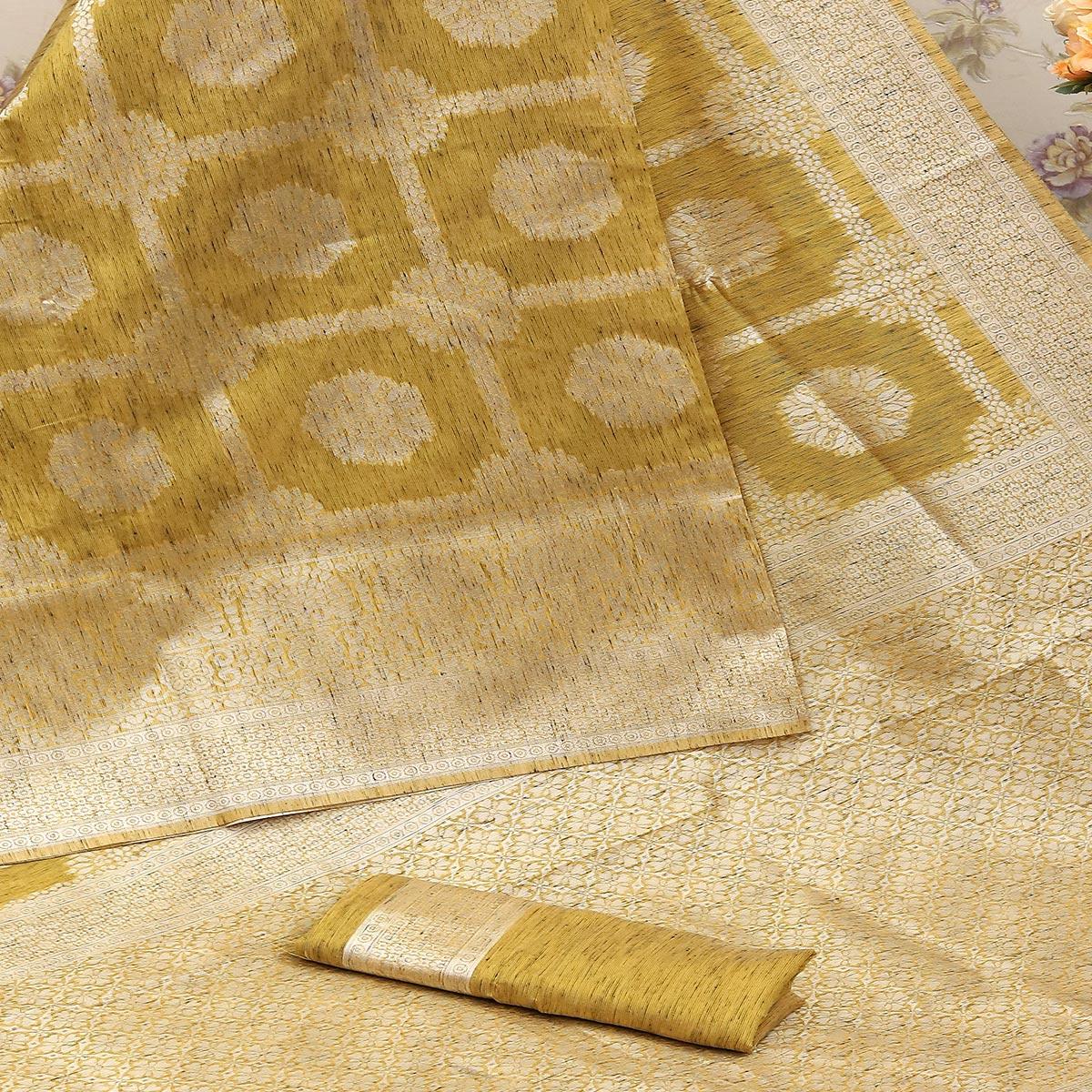 Majesty Mehendi Green Colored Festive Wear Woven Banarasi Cotton Saree - Peachmode