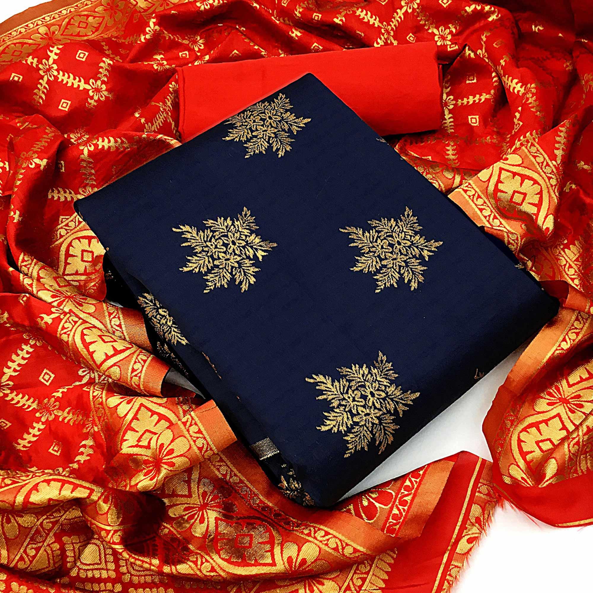 Majesty Navy Blue Colored Casual Wear Woven Banarasi Silk Dress Material - Peachmode