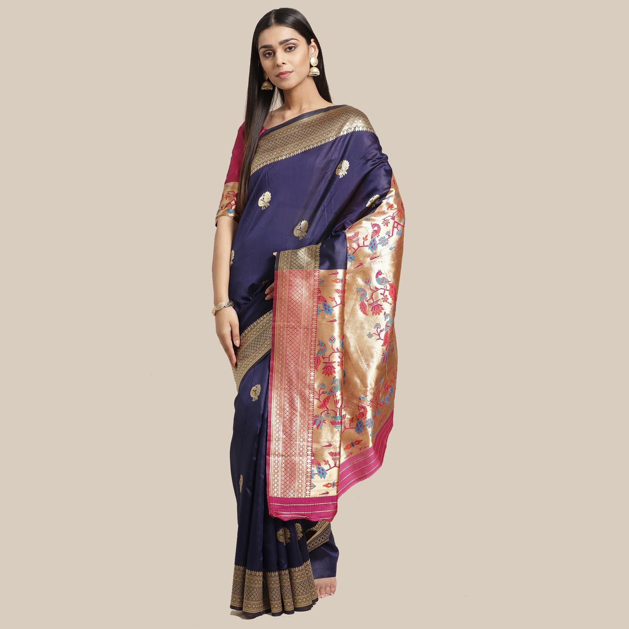 Majesty Navy Blue Colored Festive Wear Woven Silk Blend Saree - Peachmode