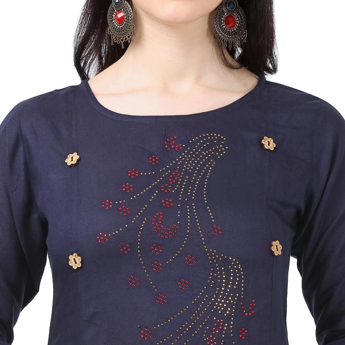 Majesty Navy Blue Colored Partywear Embellished Rayon Kurti - Peachmode