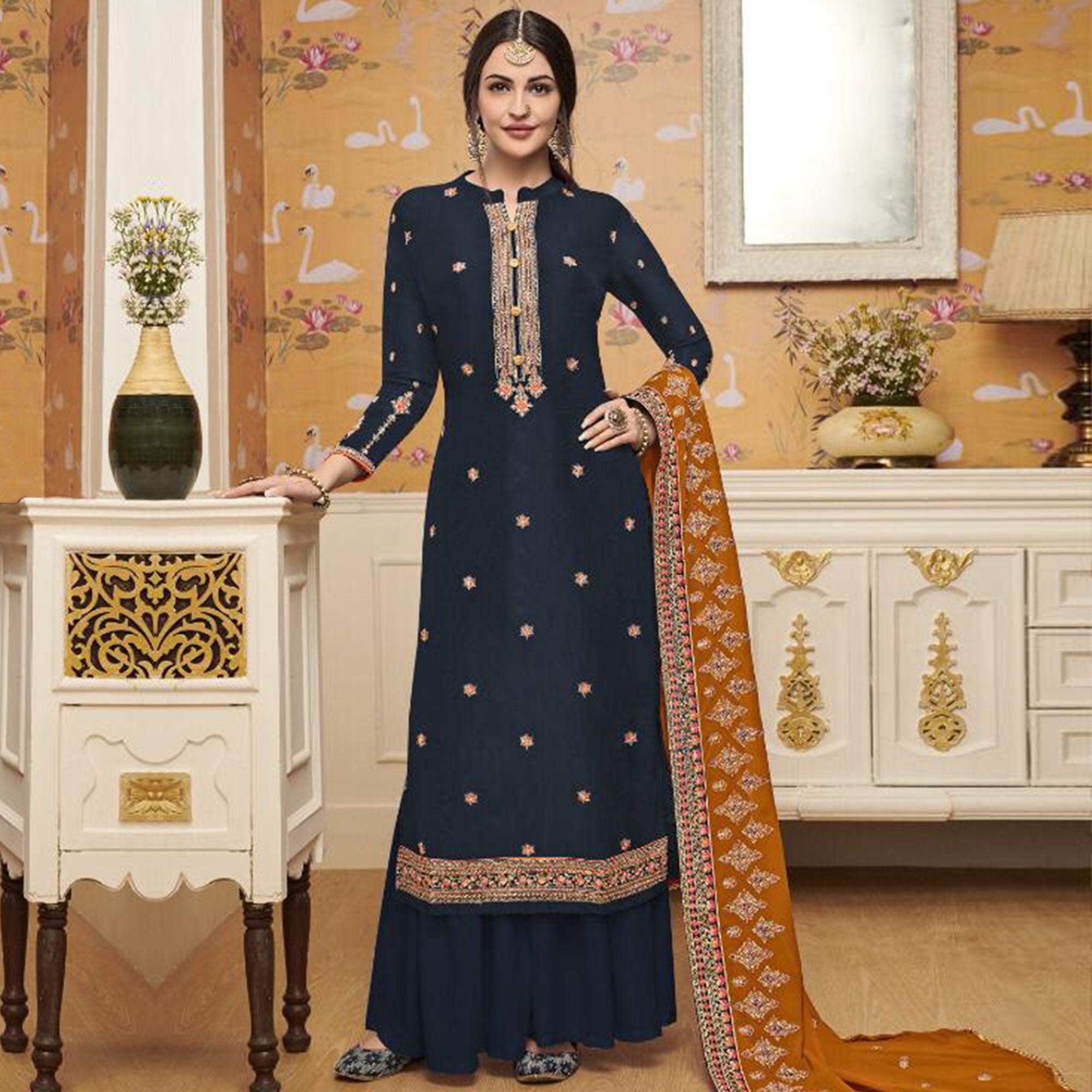 Majesty Navy Blue Colored Partywear Embroidered Crepe Palazzo Suit - Peachmode