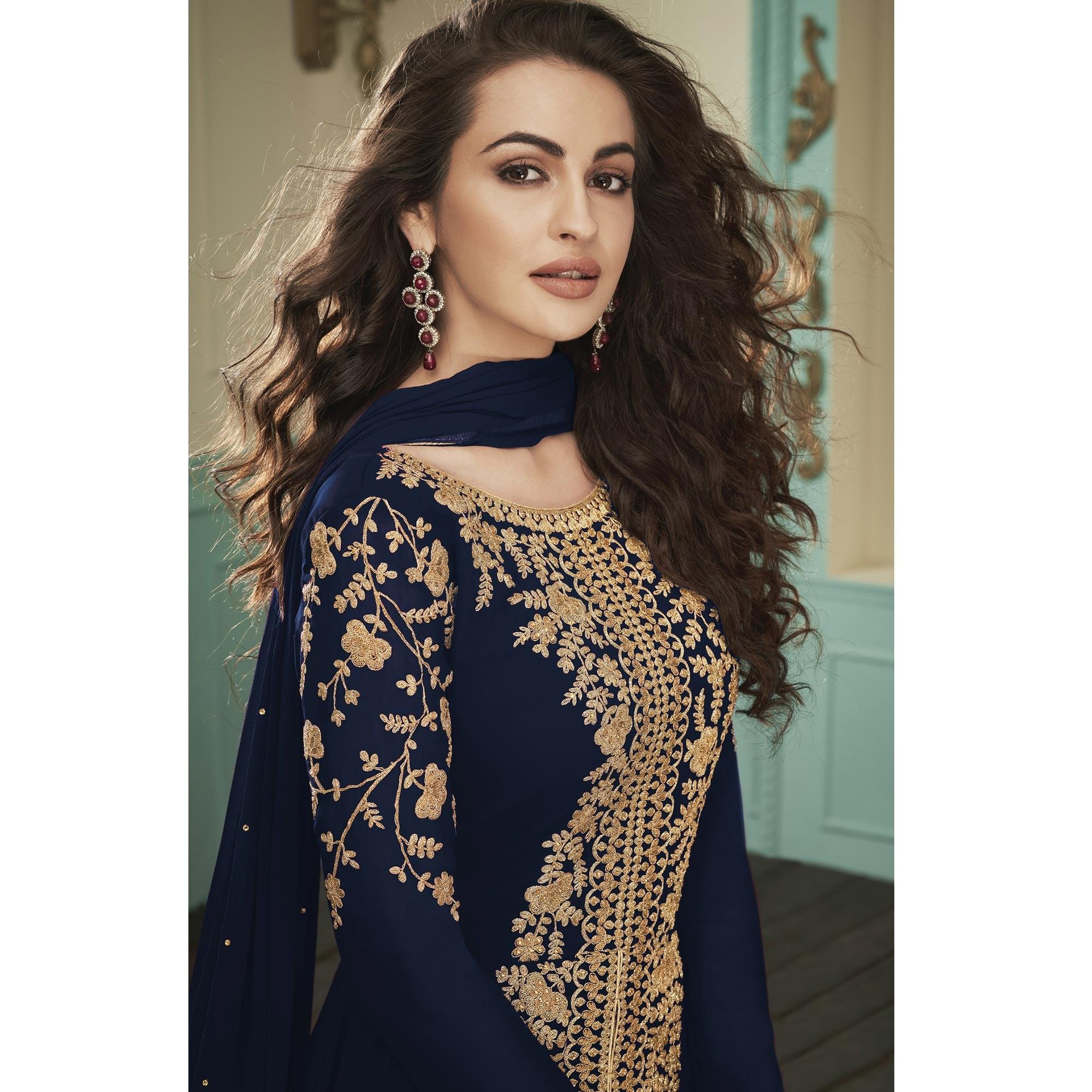 Majesty Navy Blue Colored Partywear Embroidered Georgette Anarkali Suit - Peachmode