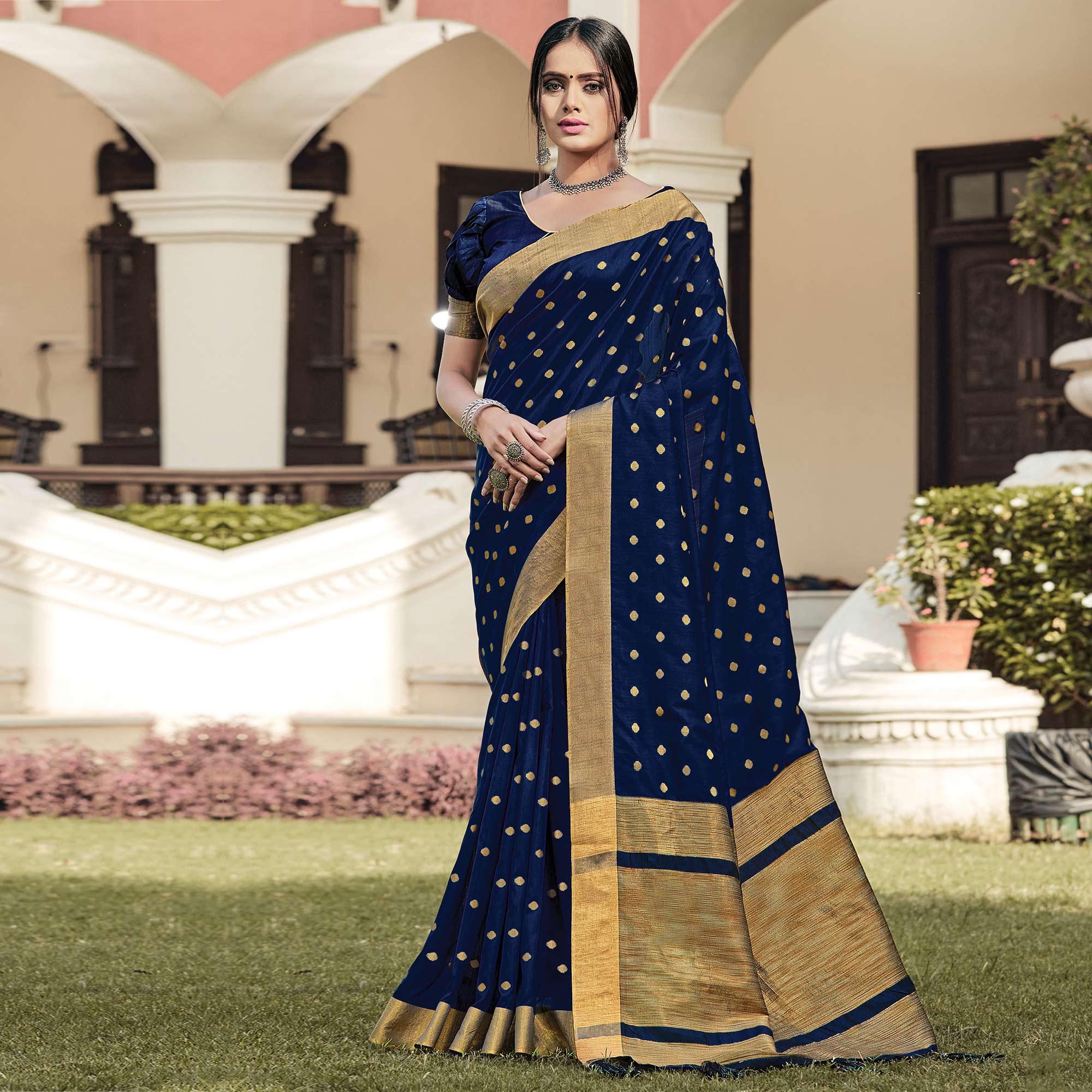 Majesty Navy Blue Coloured Casual Wear Woven Handloom Silk Saree - Peachmode