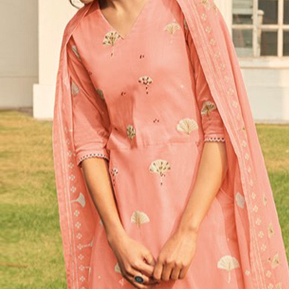 Majesty Peach Colored Casual Wear Printed Pure Cotton Suit - Peachmode