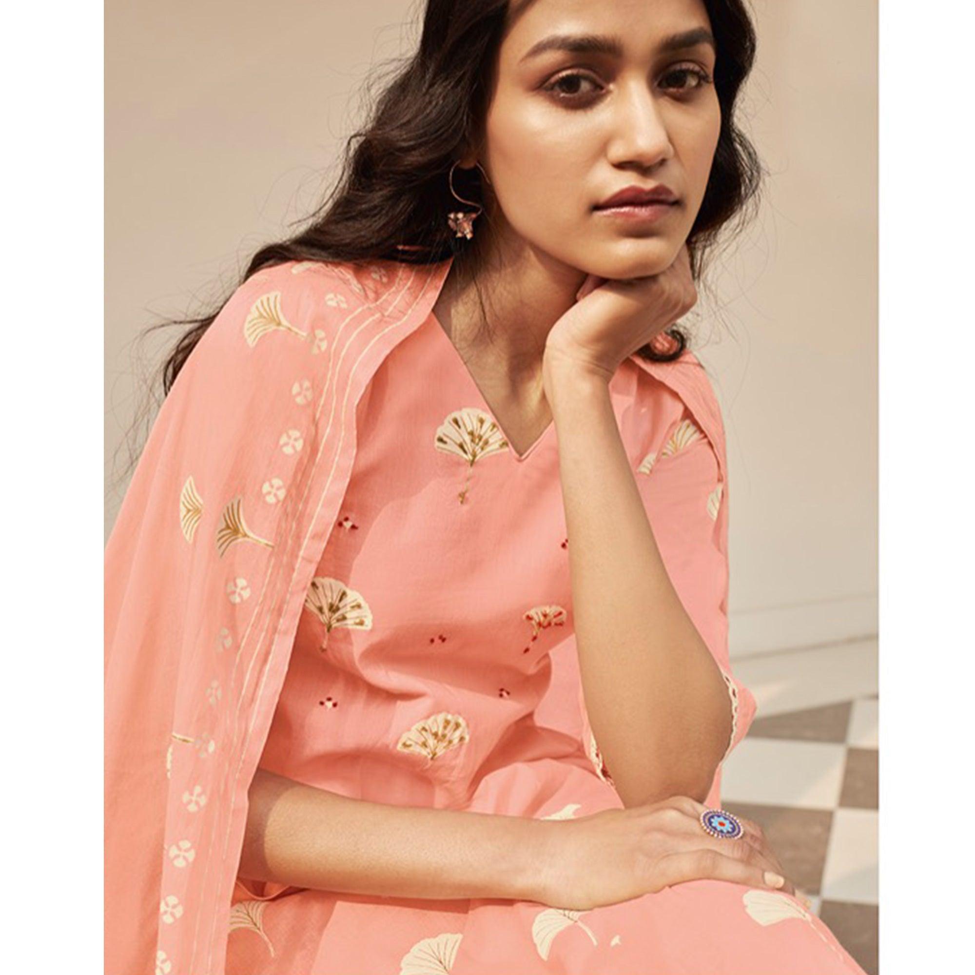 Majesty Peach Colored Casual Wear Printed Pure Cotton Suit - Peachmode