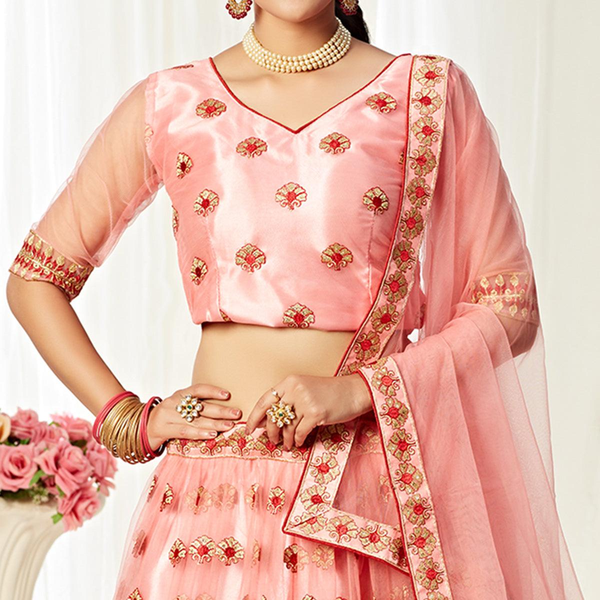 Majesty Peach Colored Wedding Wear Embroidered Heavy Net Lehenga Choli - Peachmode