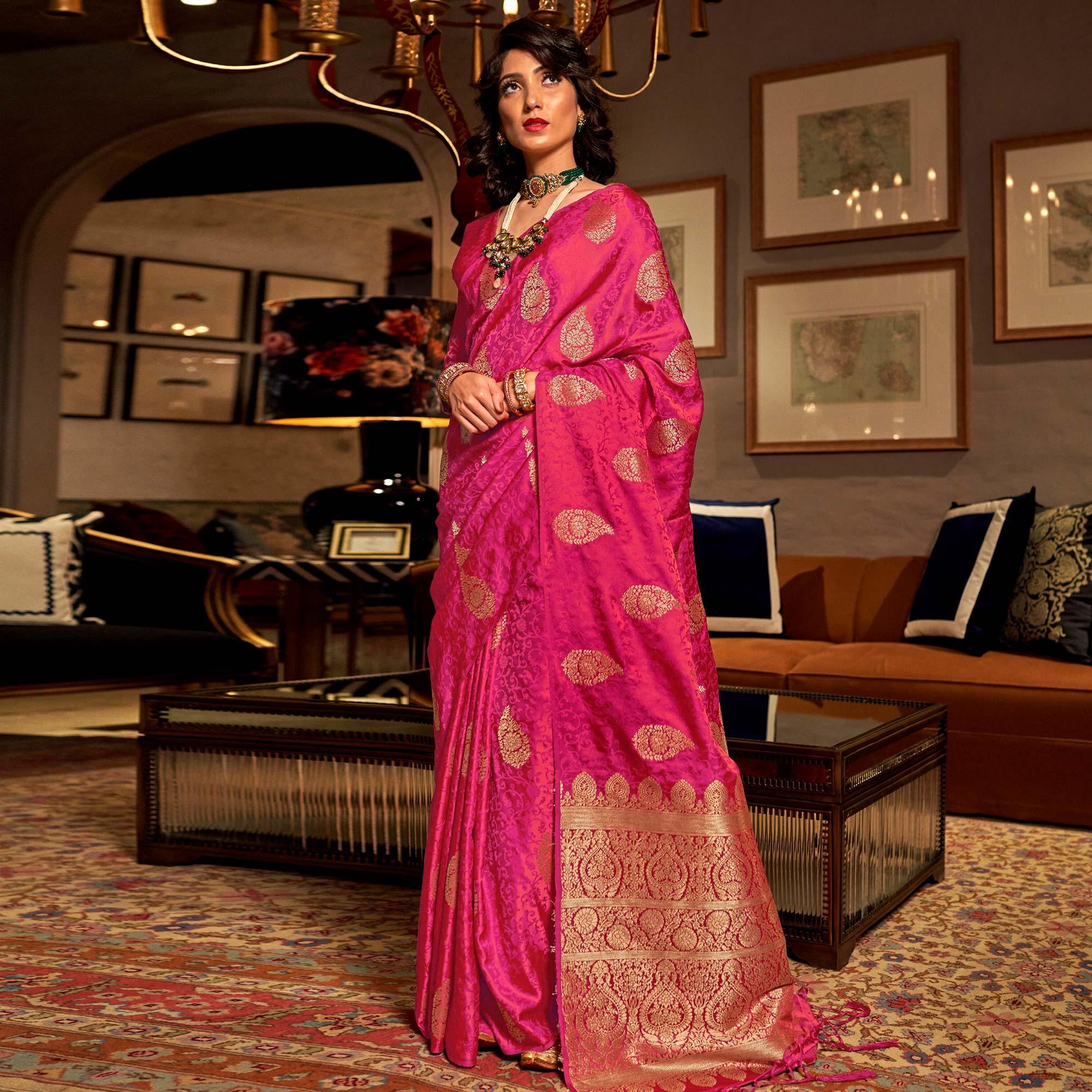 Majesty Pink Colored Festive Wear Weaving Pure Satin Saree - Peachmode