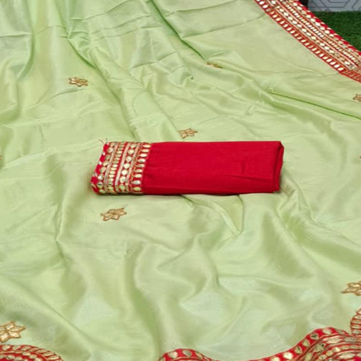 Majesty Pista Green Coloured Casual Wear Printed Dola Silk Saree - Peachmode