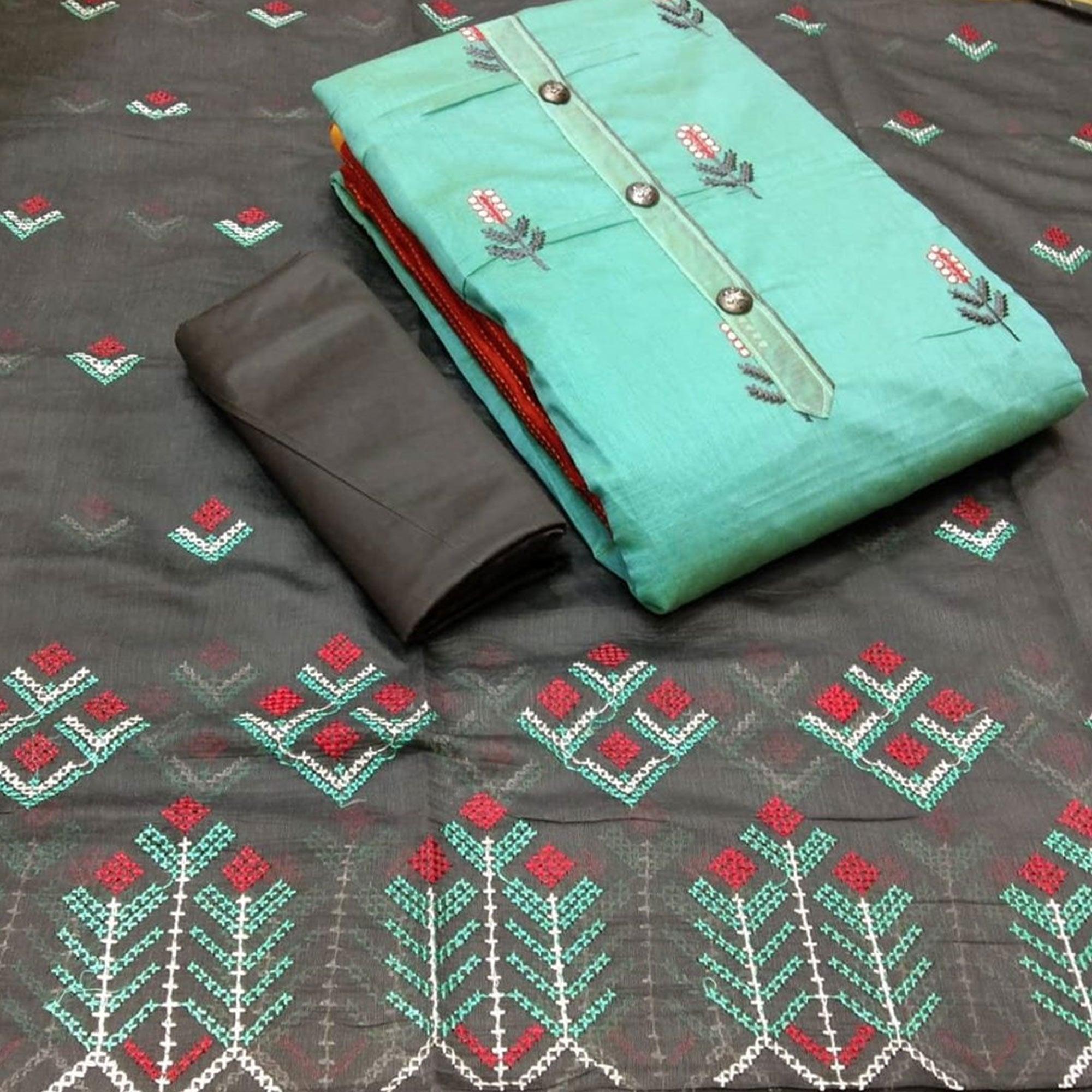 Majesty Rama Colored Casual Wear Embroidered Modal Chanderi Dress Material - Peachmode