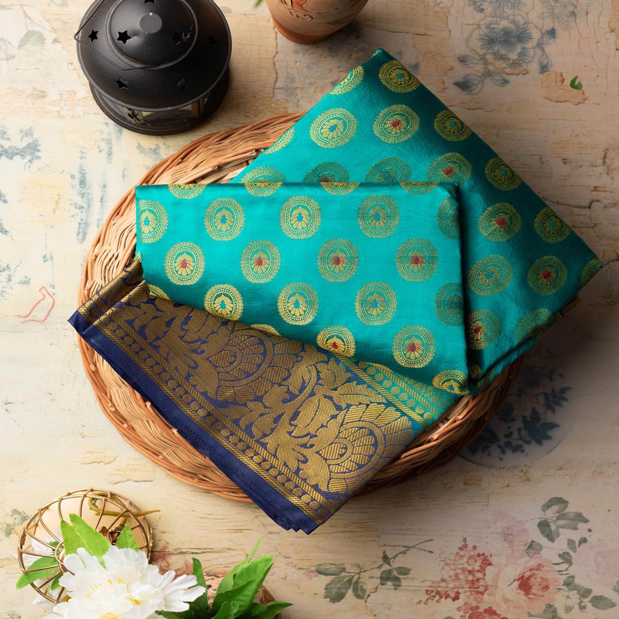Majesty Rama Colored Festive Wear Woven Art Silk Saree - Peachmode