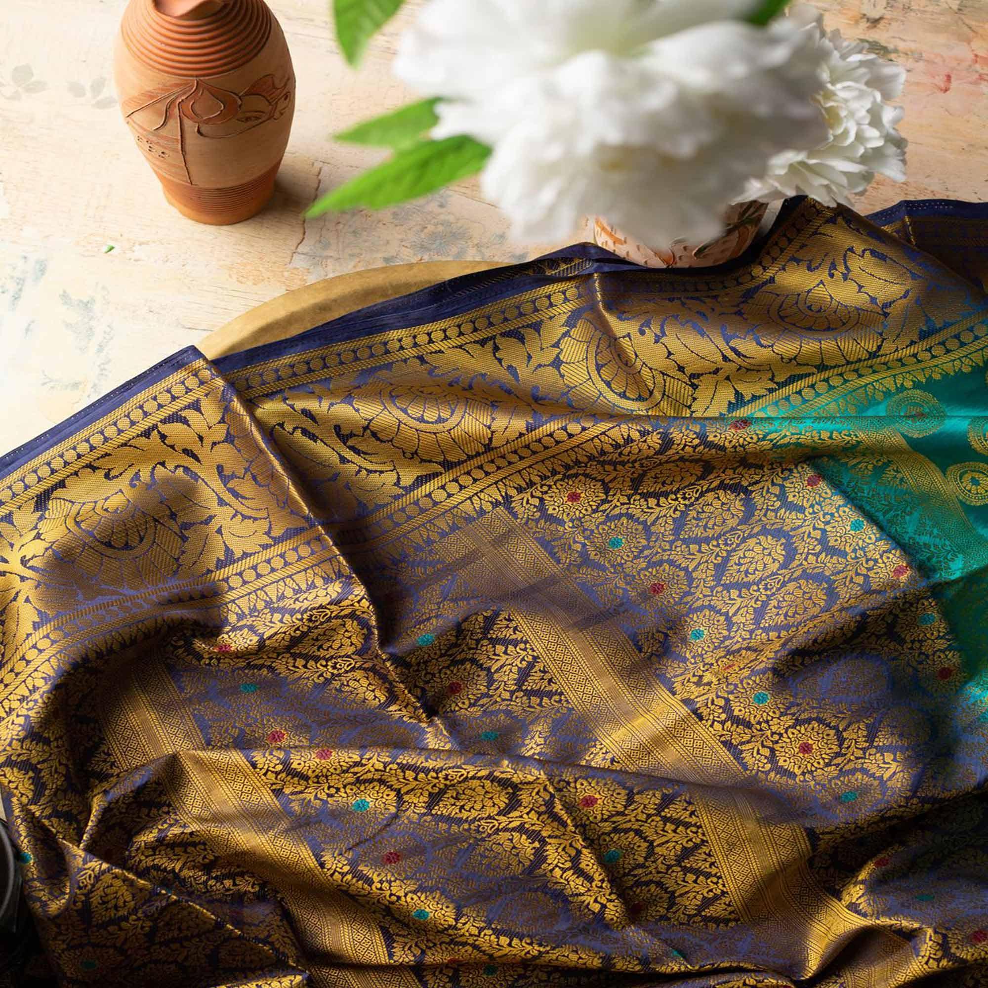 Majesty Rama Colored Festive Wear Woven Art Silk Saree - Peachmode