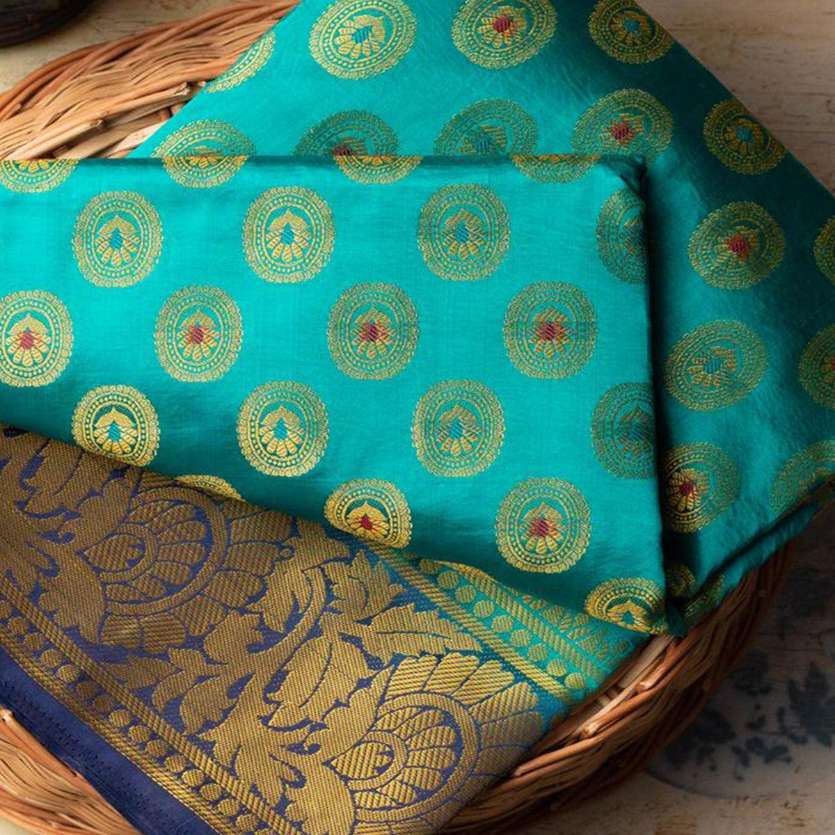 Majesty Rama Colored Festive Wear Woven Art Silk Saree - Peachmode