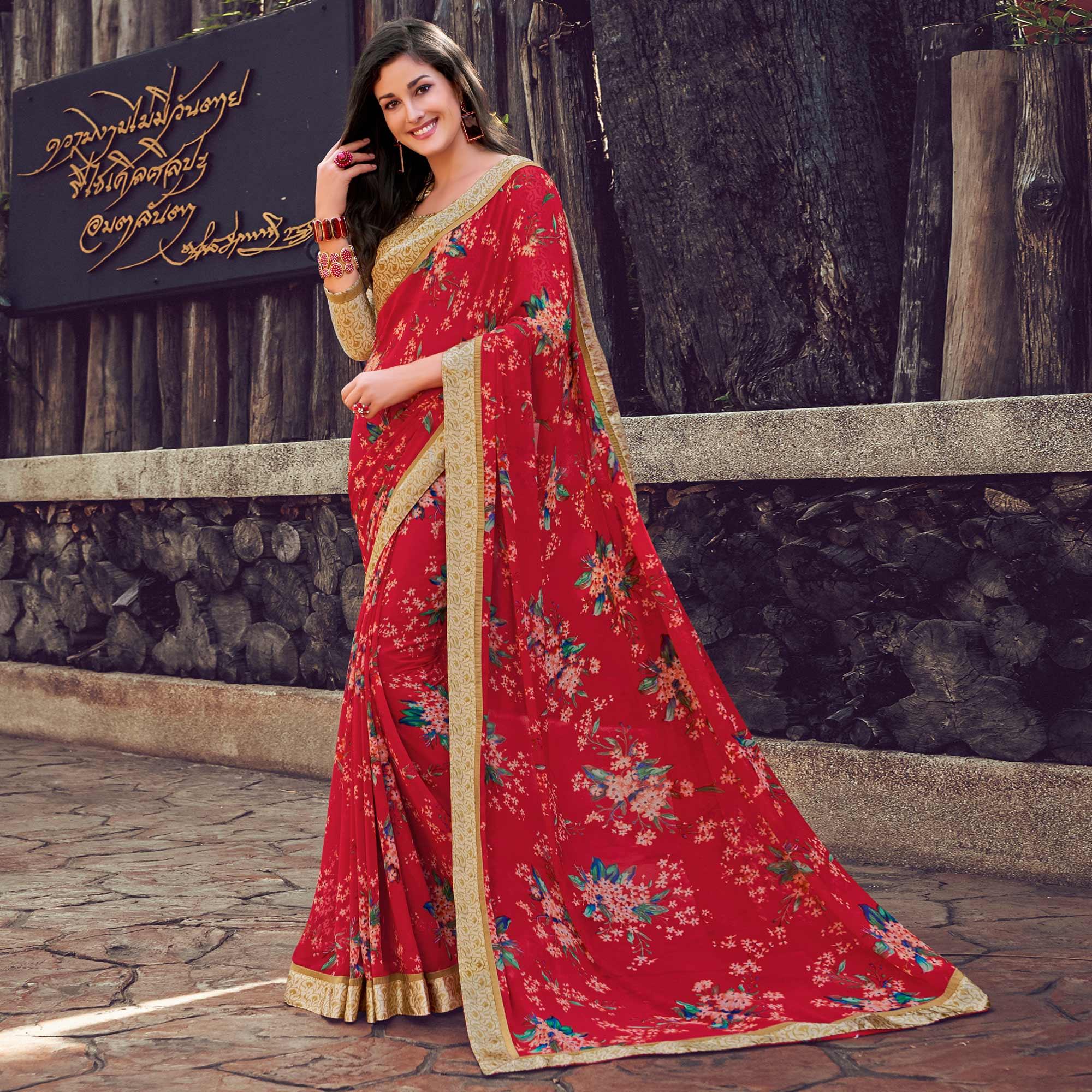 Majesty Red Color Partywear Designer Printed Georgette Saree - Peachmode