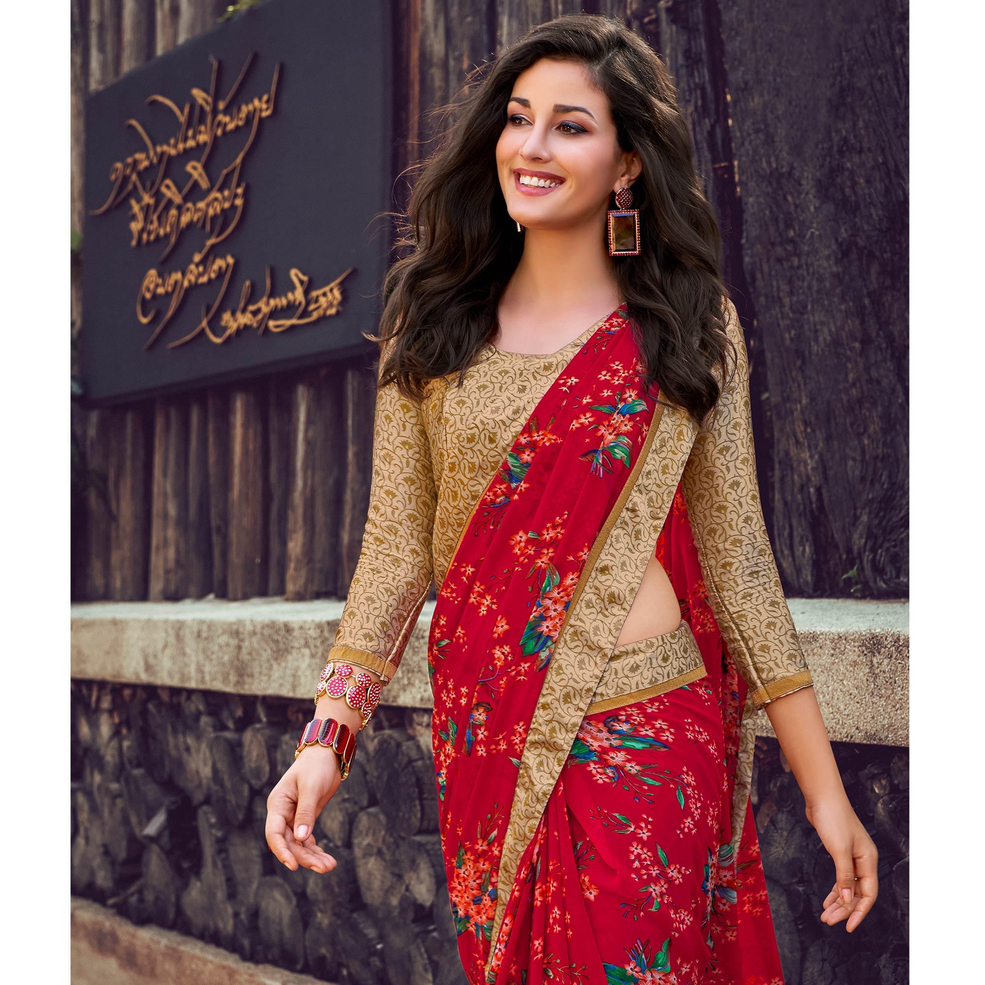 Majesty Red Color Partywear Designer Printed Georgette Saree - Peachmode