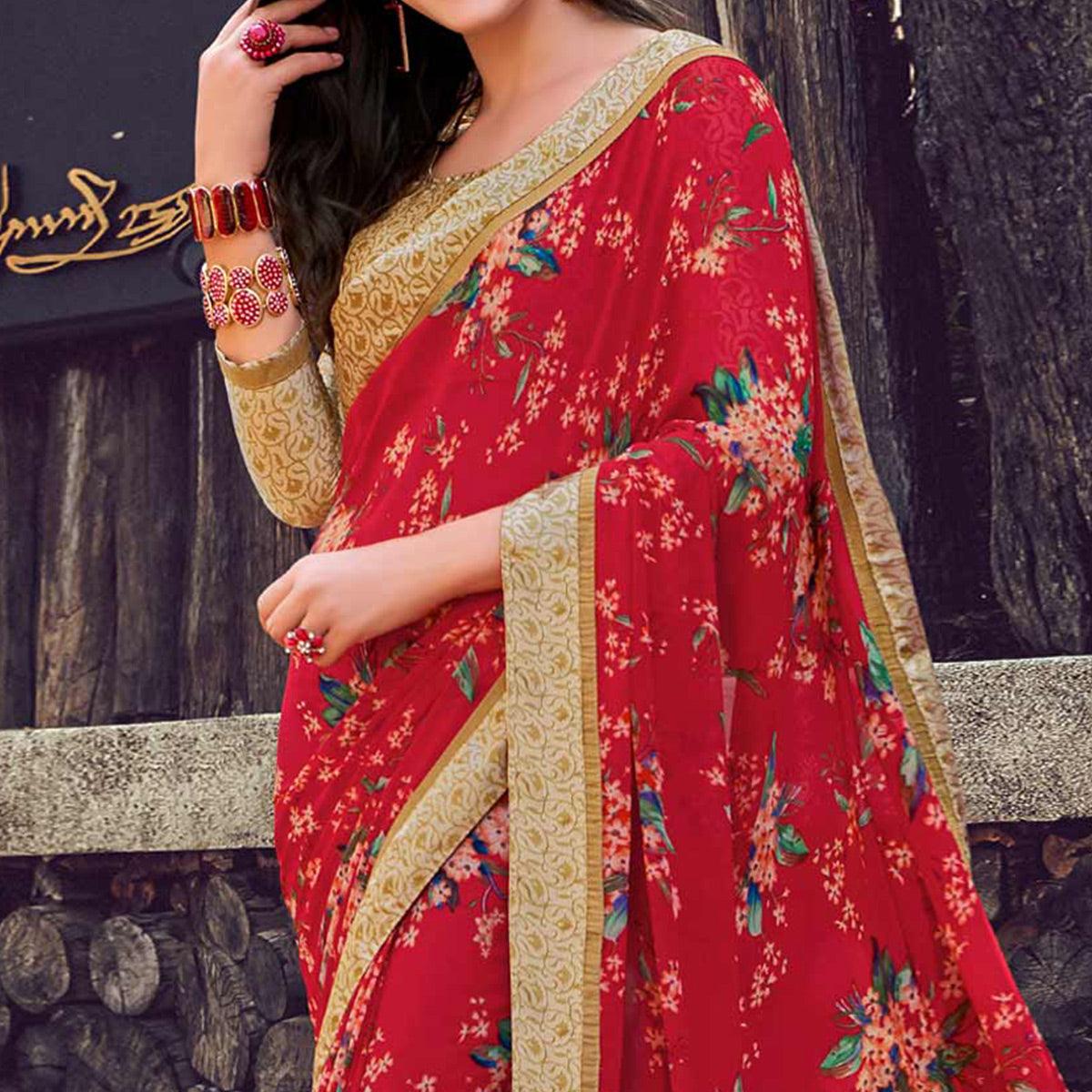 Majesty Red Color Partywear Designer Printed Georgette Saree - Peachmode