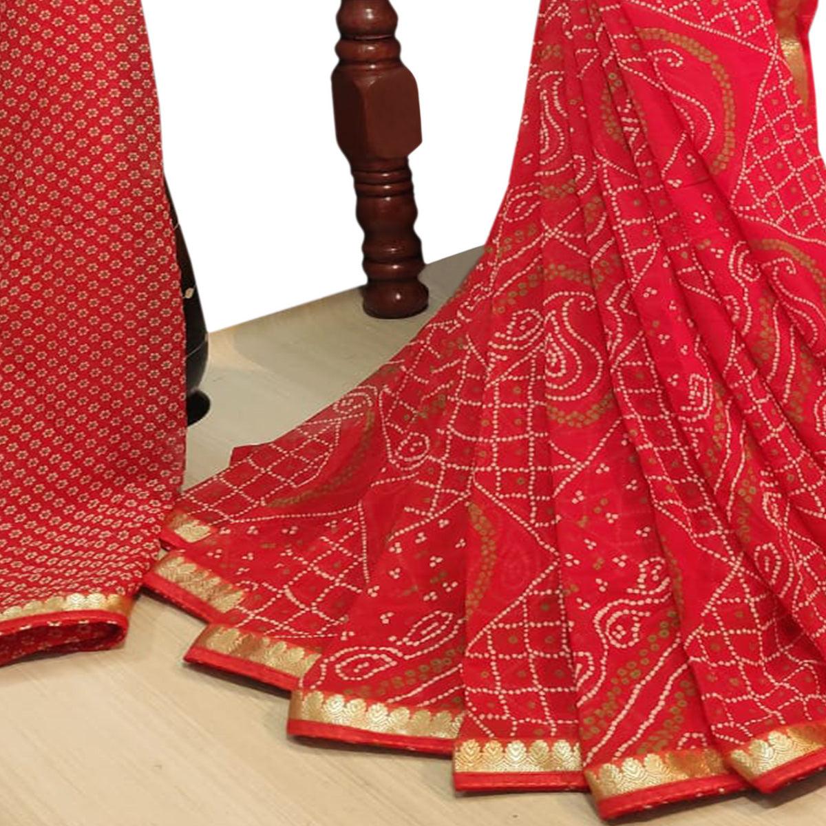 Majesty Red Colored Casual Wear Bandhani Printed Georgette Saree - Peachmode