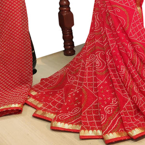 Majesty Red Colored Casual Wear Bandhani Printed Georgette Saree - Peachmode