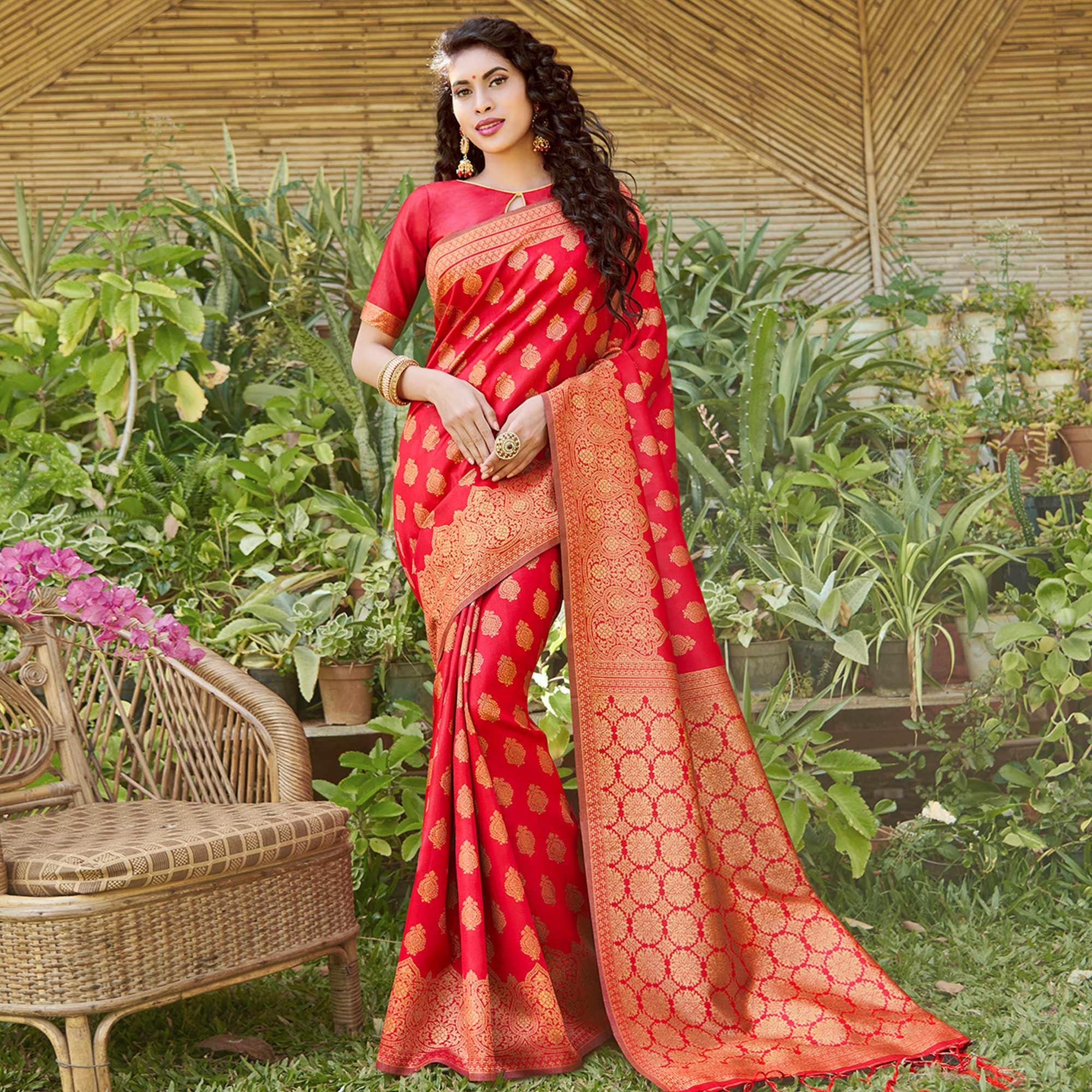 Majesty Red Colored Festive Wear Floral Woven Silk Blend Saree With Tassels - Peachmode