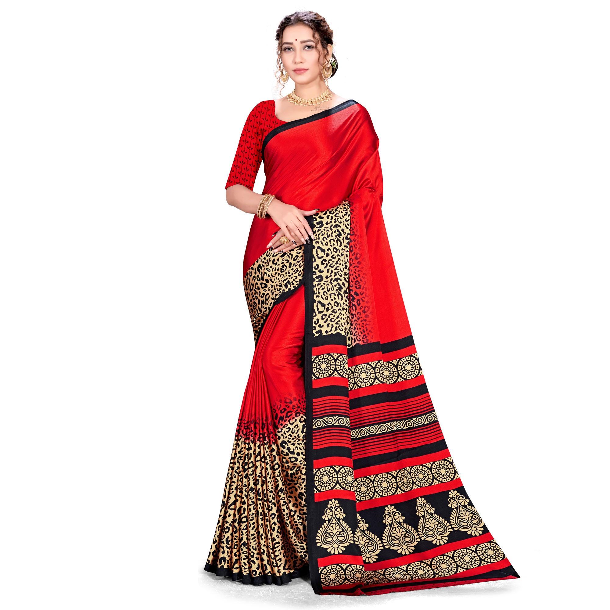 Majesty Red Colored Festive Wear Printed Satin Crepe Saree - Peachmode