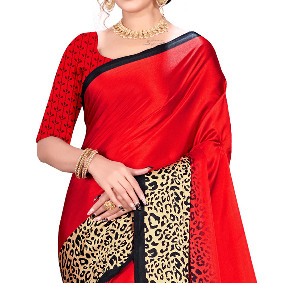 Majesty Red Colored Festive Wear Printed Satin Crepe Saree - Peachmode