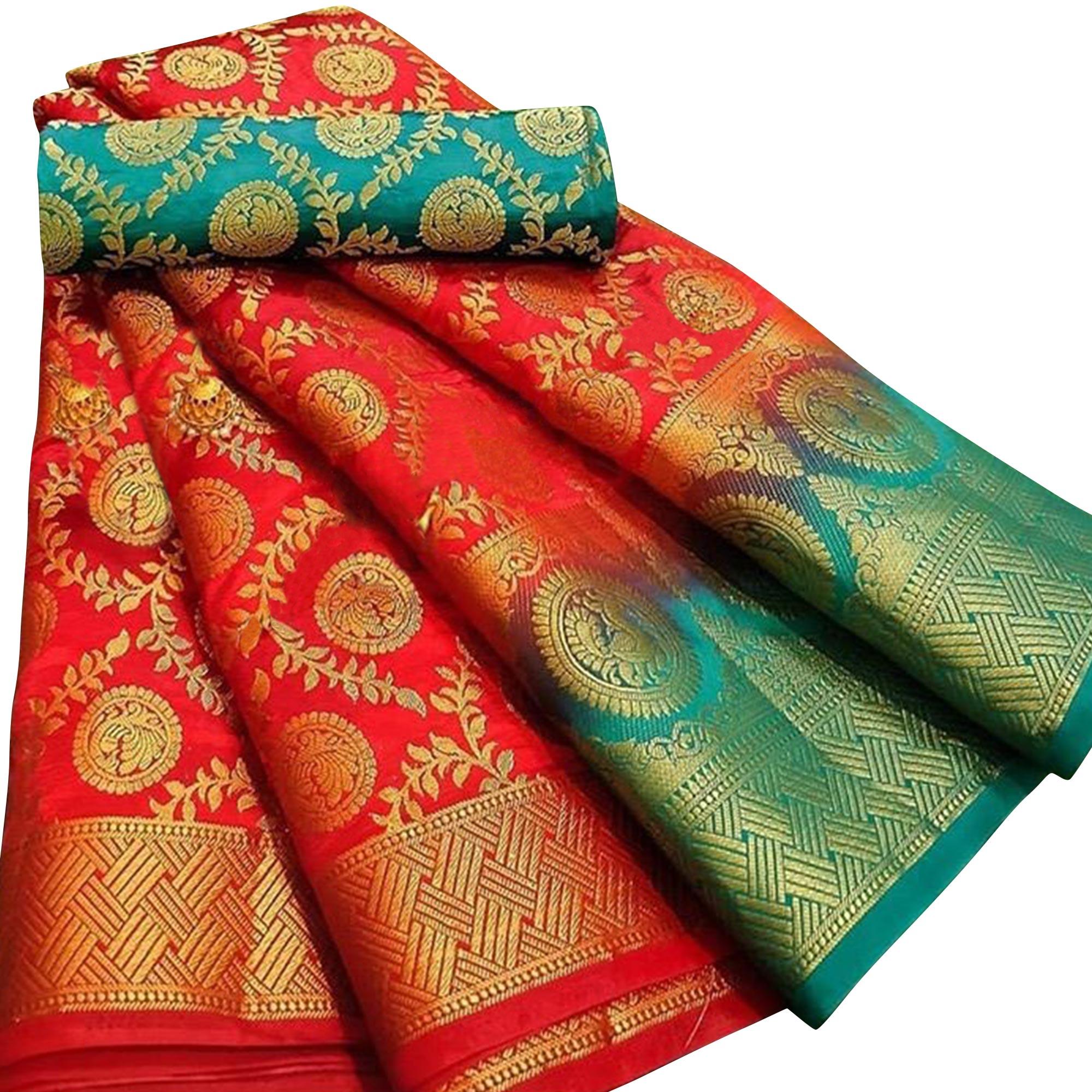 Majesty Red Colored Festive Wear Woven Silk Blend Saree - Peachmode