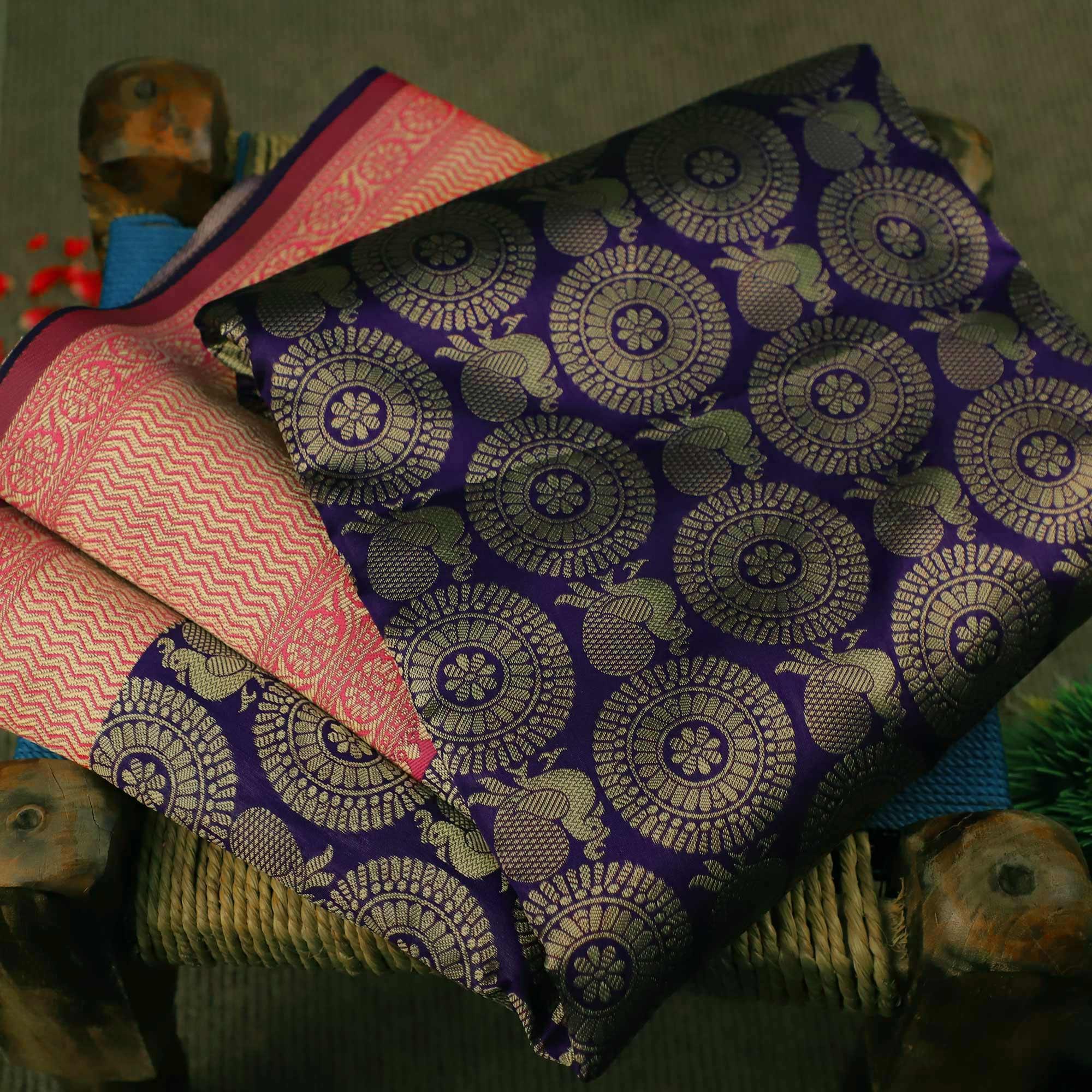 Majesty Violet Colored Festive Wear Woven Soft Silk Saree - Peachmode